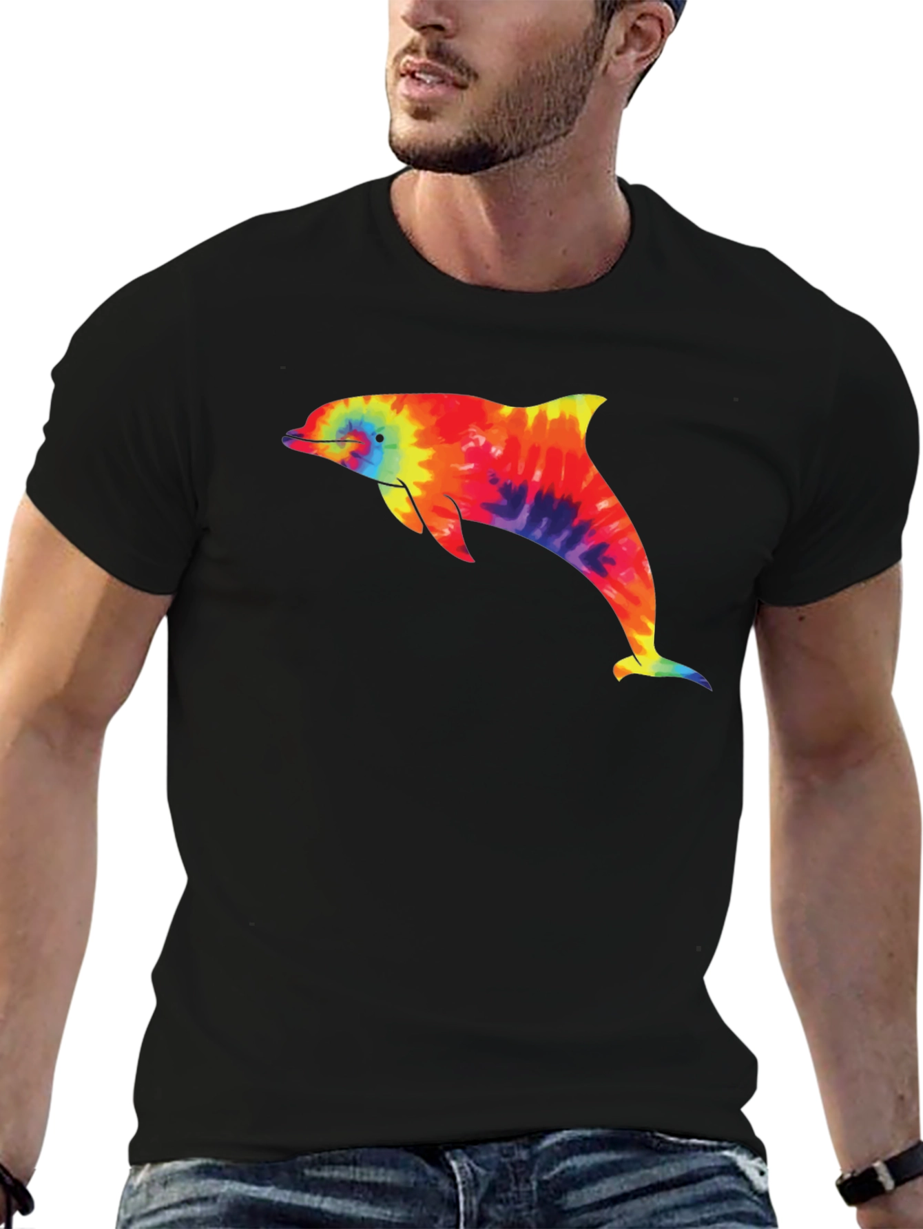 Tie-Dye Dolphin Graphic Black T-Shirt