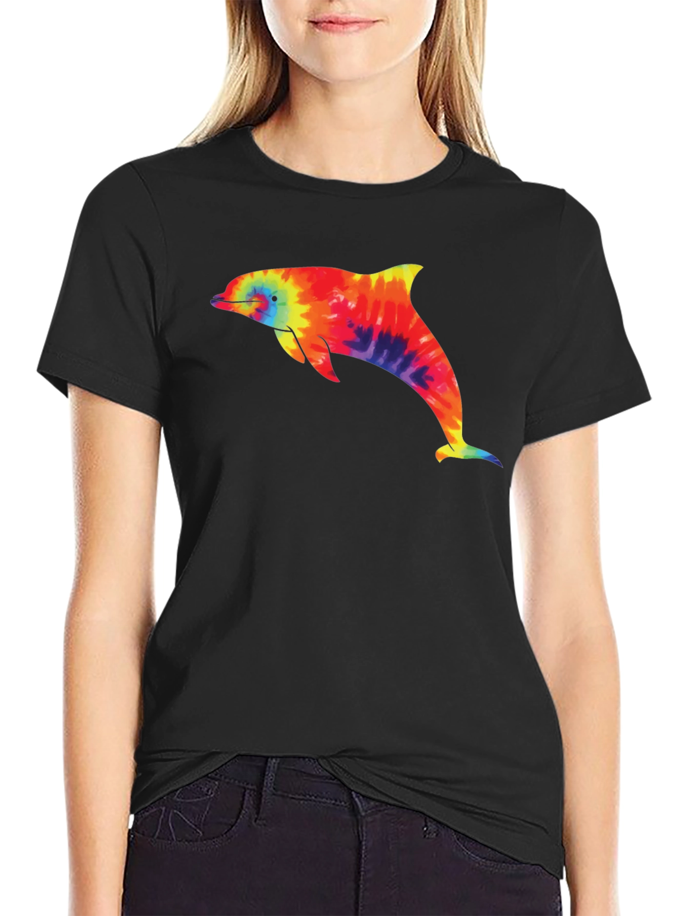 Tie-Dye Dolphin Graphic Black T-Shirt