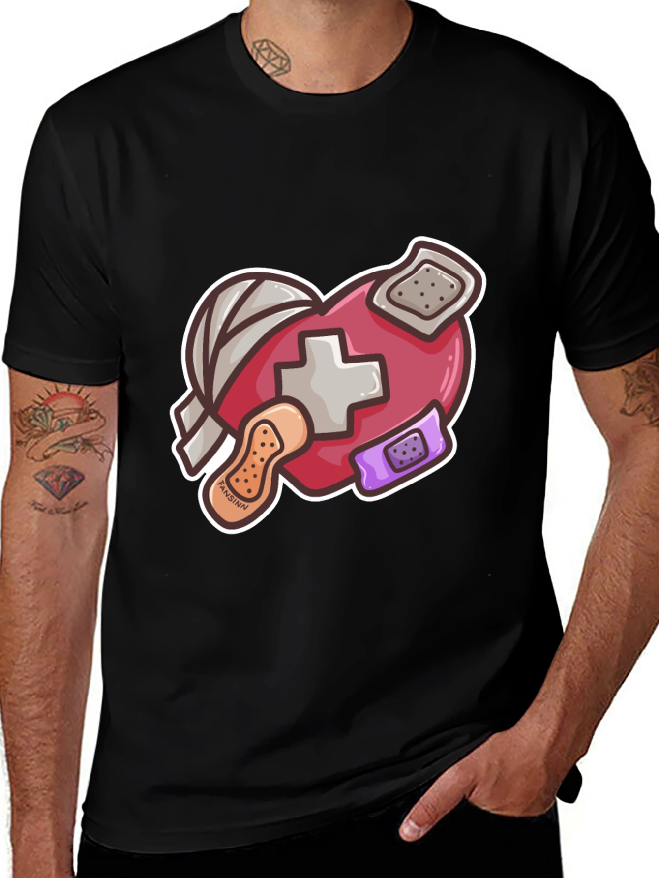 Heart with Bandages Graphic Tee - Black