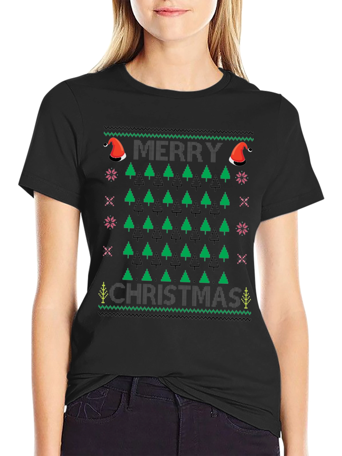 Ugly Christmas Sweater T-Shirt - Merry Christmas Tree Design