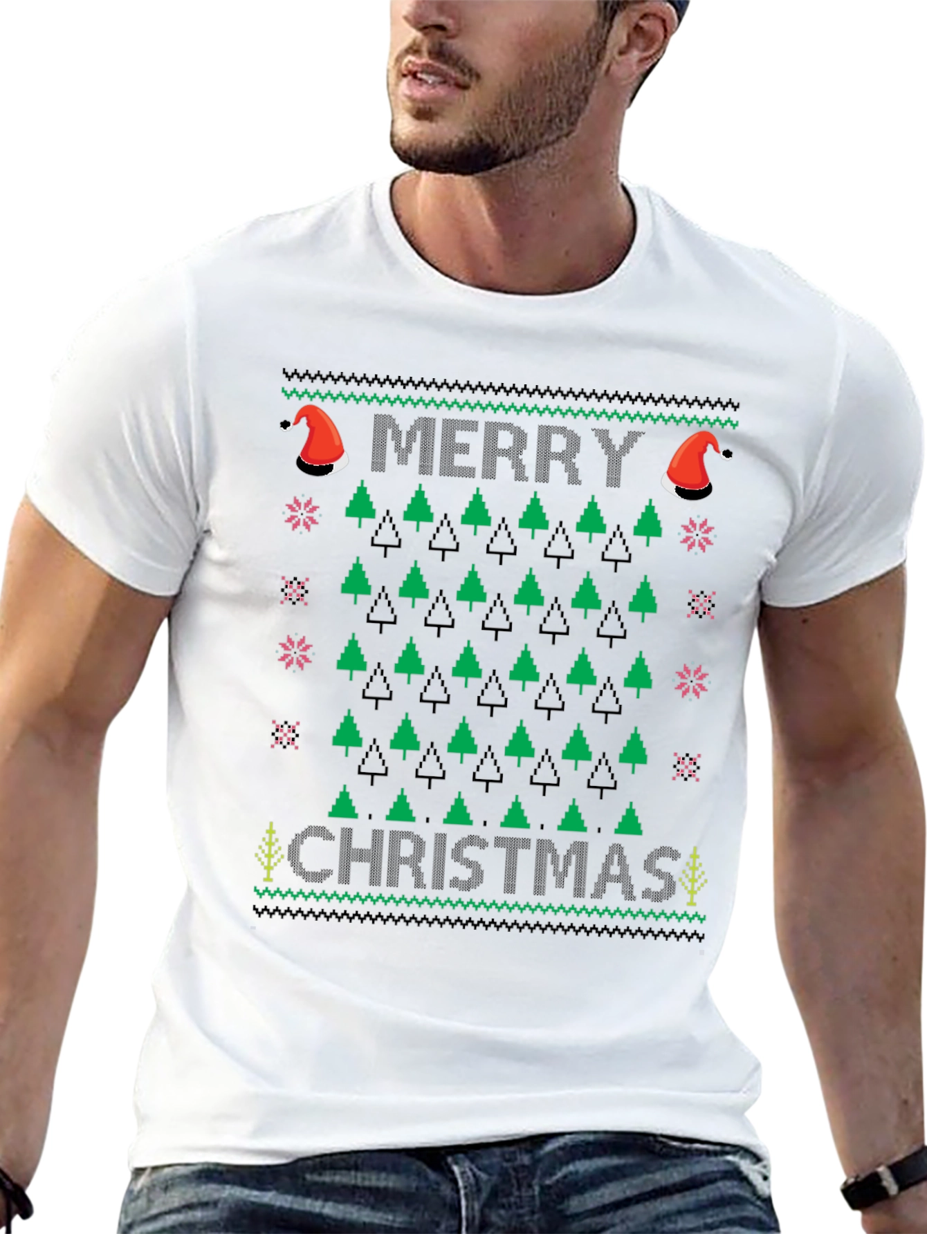 Ugly Christmas Sweater T-Shirt - Merry Christmas Tree Design