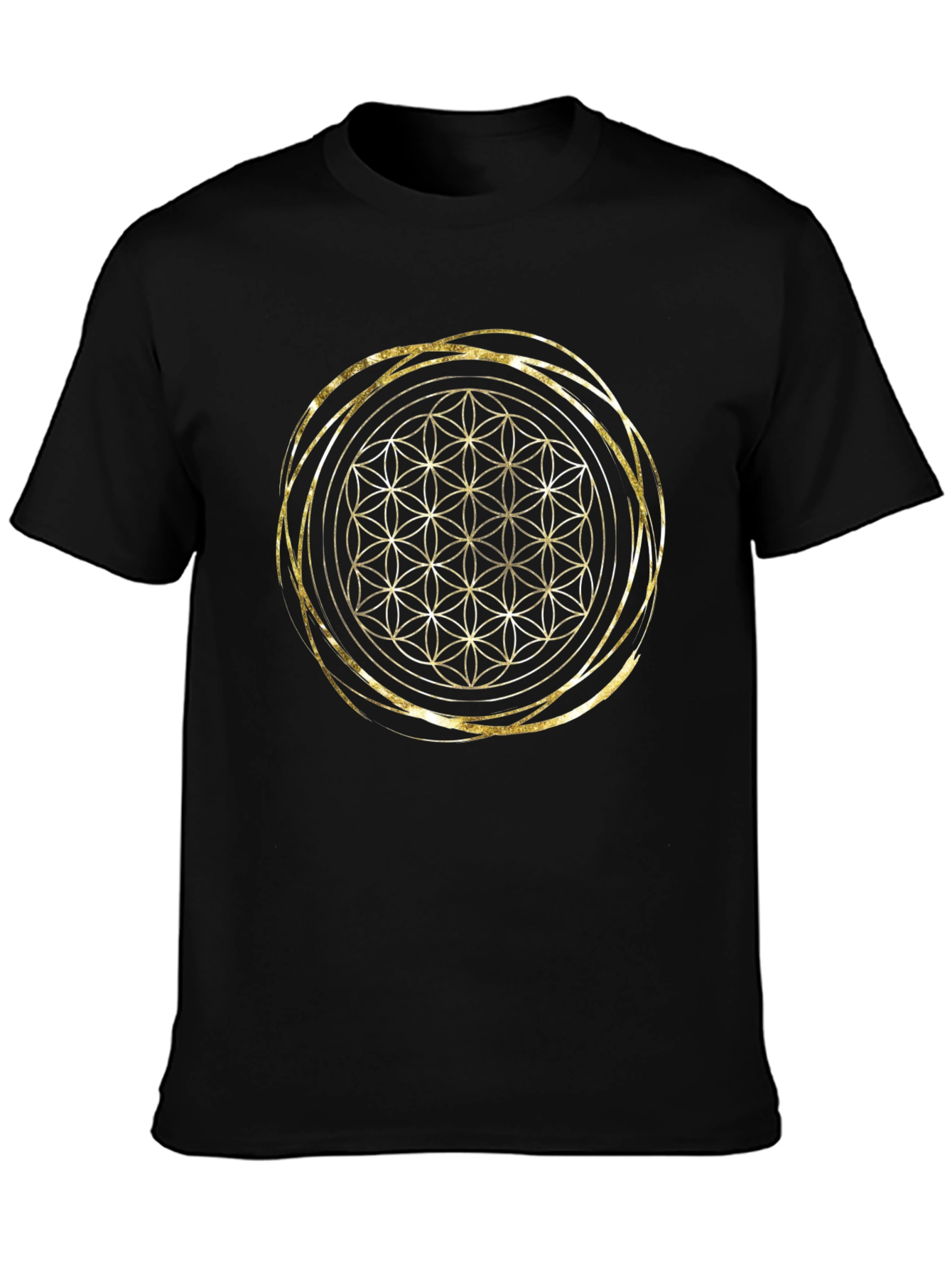 Geometric Flower of Life Gold Print Black T-Shirt