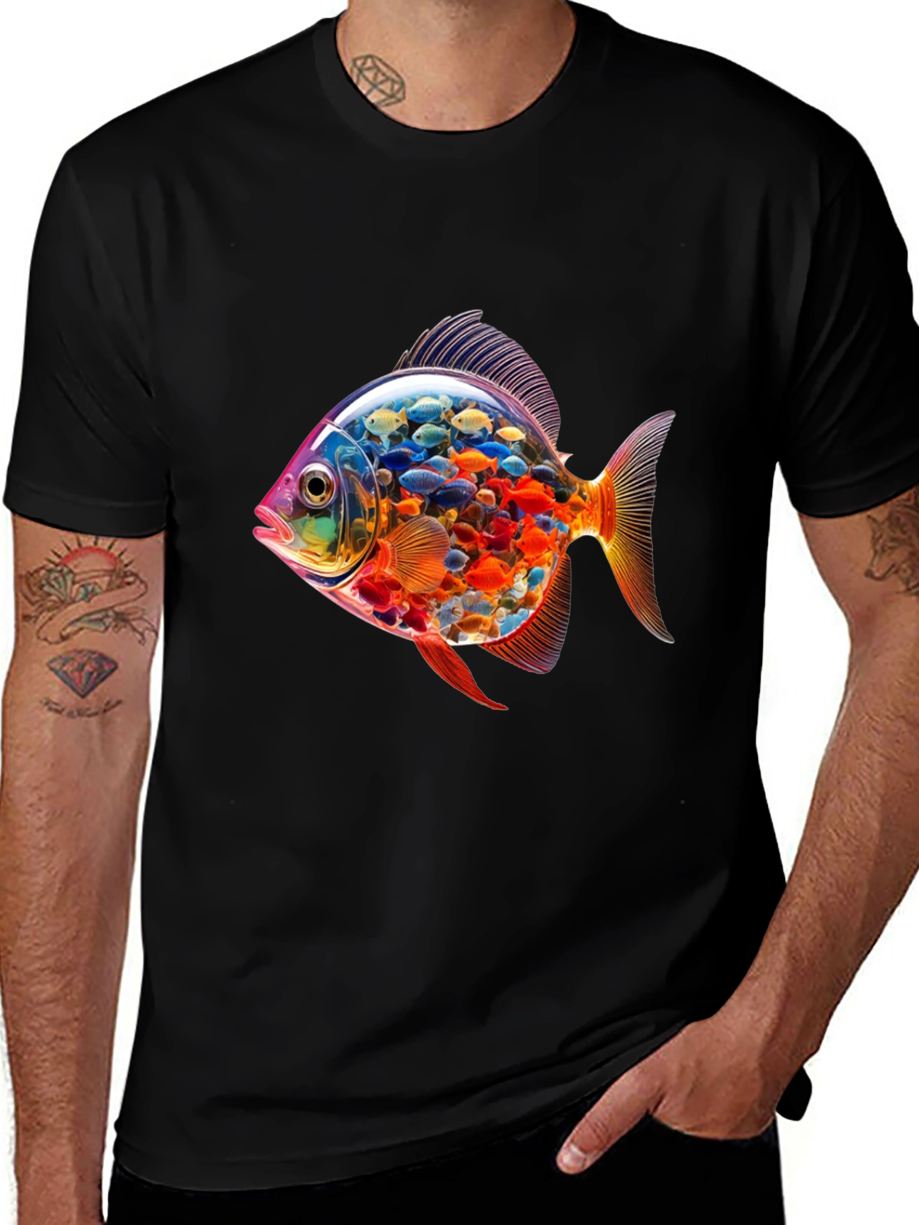 Vibrant Fish Graphic Black T-Shirt