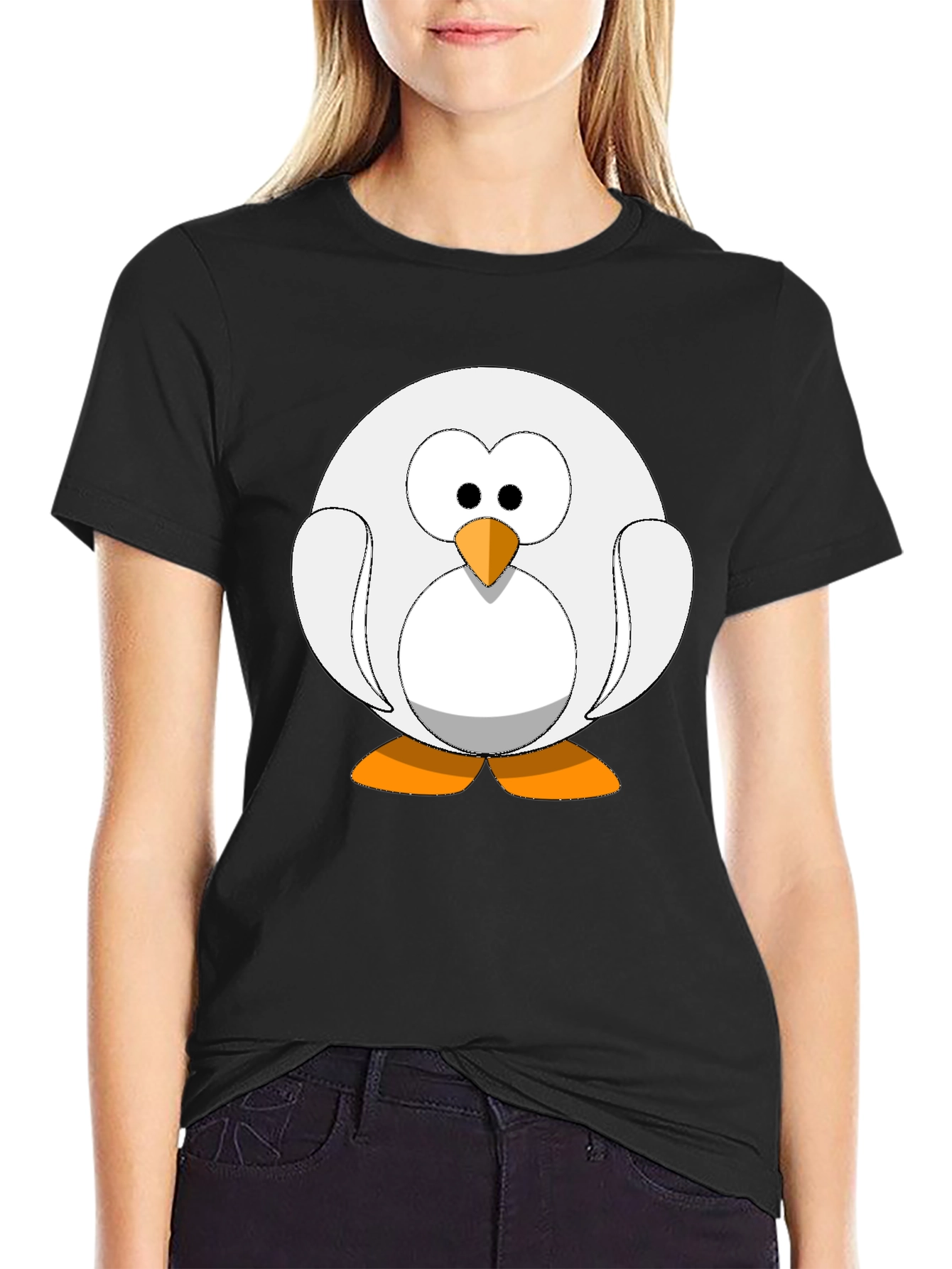 Cartoon Penguin Graphic Tee - Black Cotton Blend Shirt