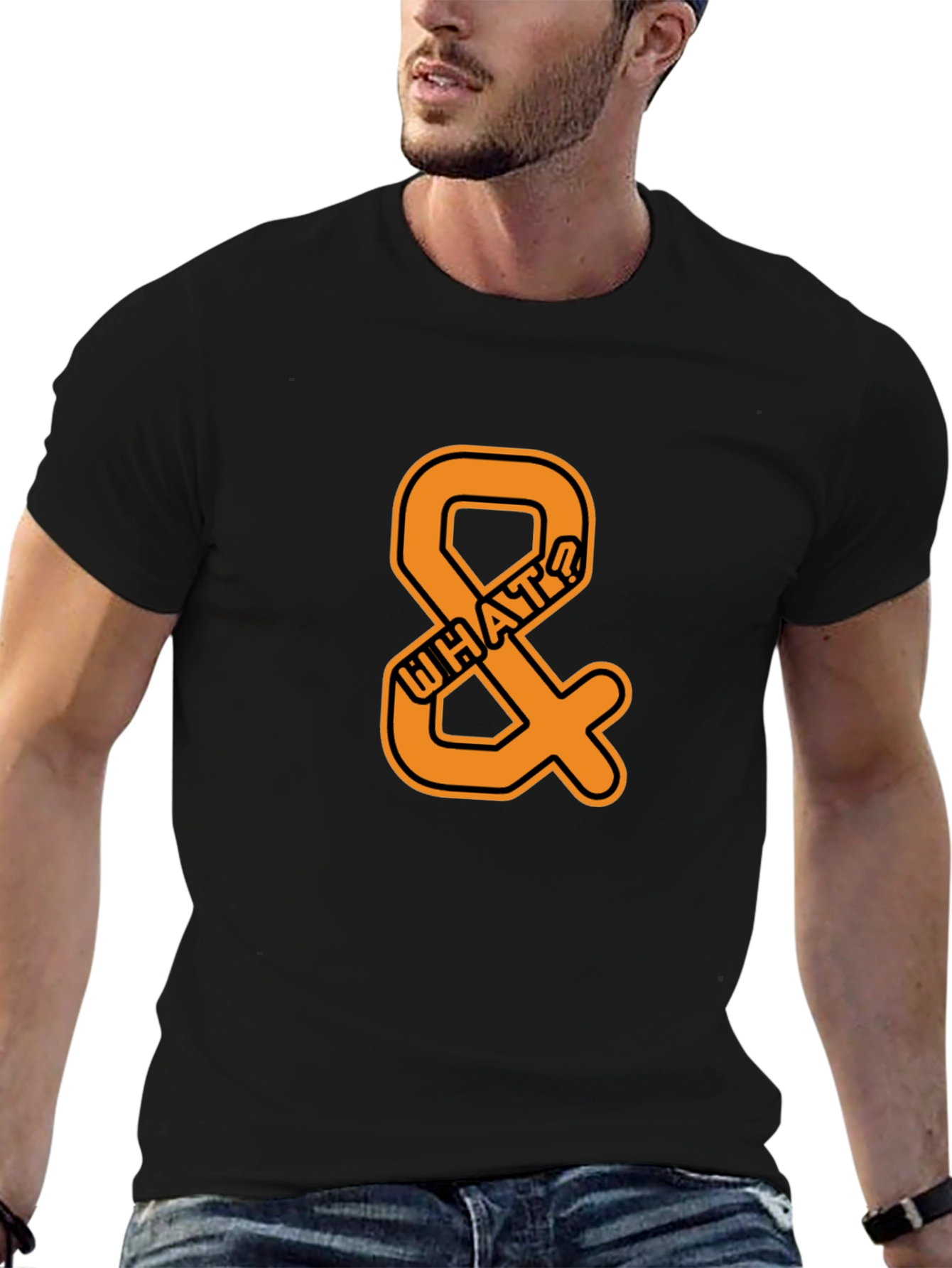 Mens Black T-Shirt with Orange WHAT? Ampersand Design