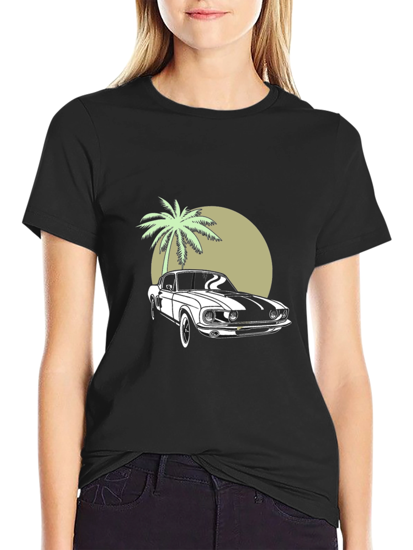 Retro Car & Palm Tree Graphic Tee - Black
