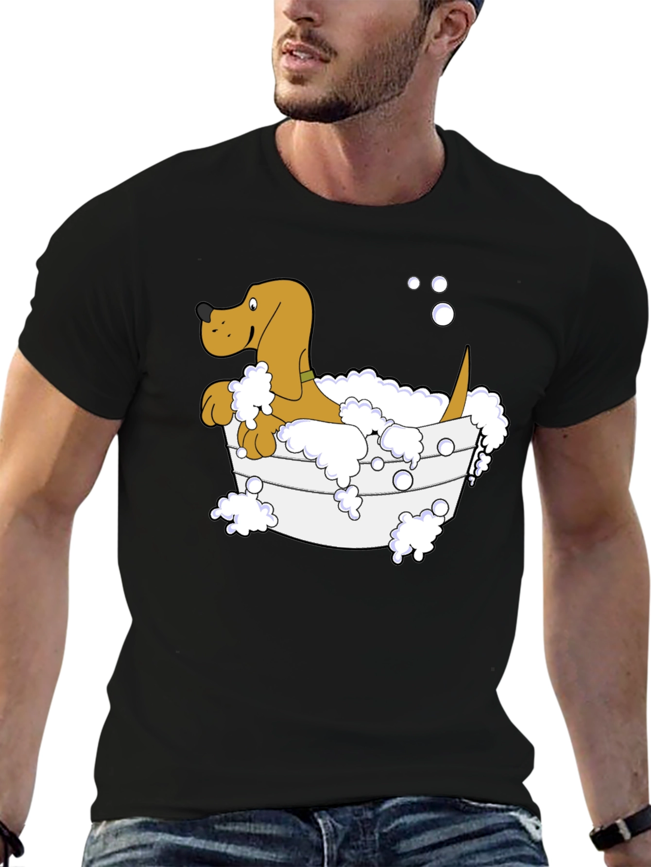 Cartoon Dog in Tub Black T-Shirt