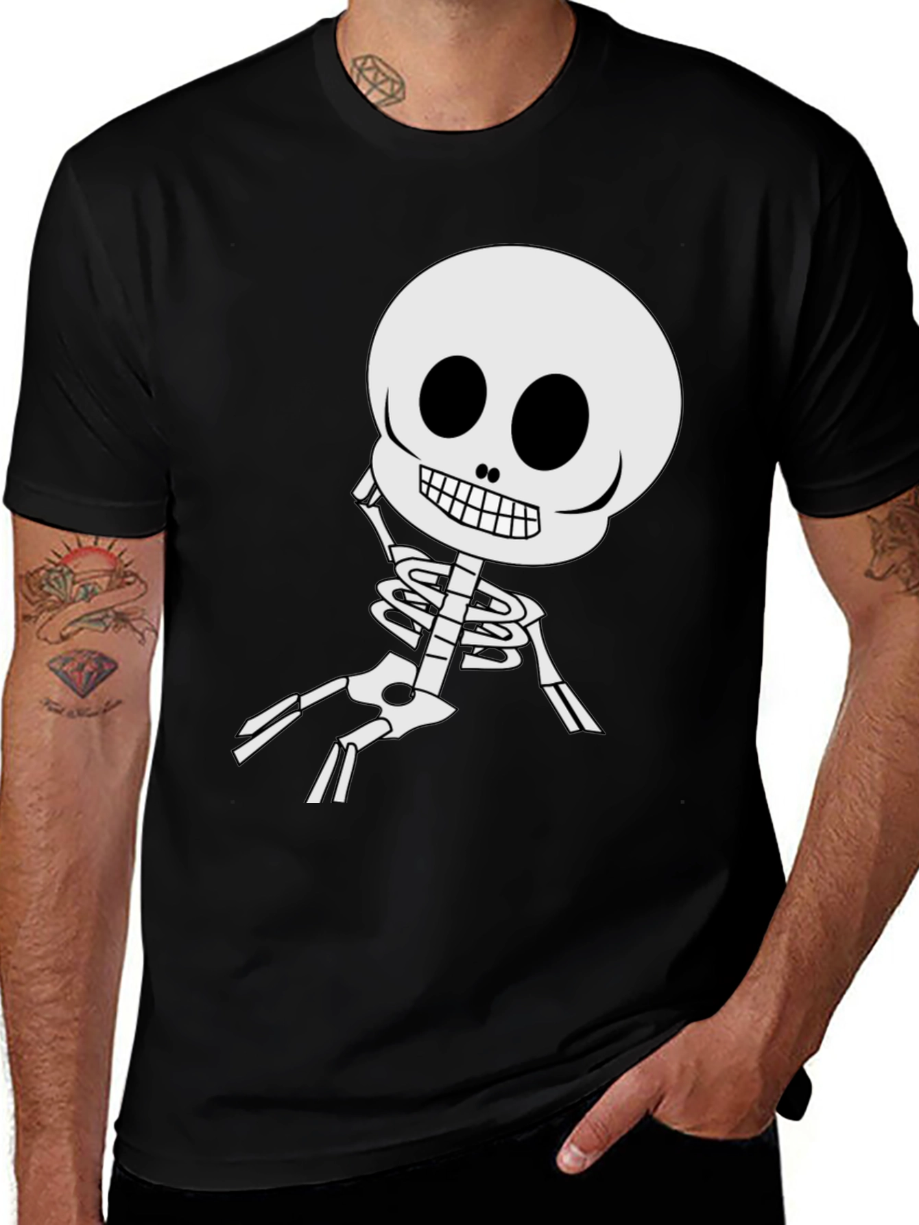 Cartoon Skeleton Graphic Tee - Black Cotton Blend
