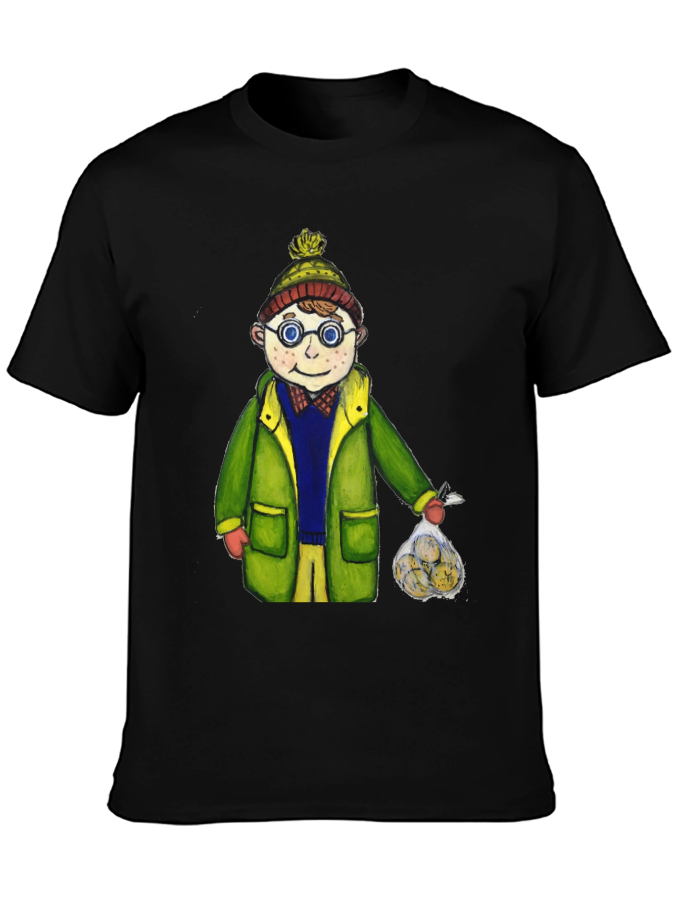 Fun Cartoon Boy in Winter Gear Black T-Shirt