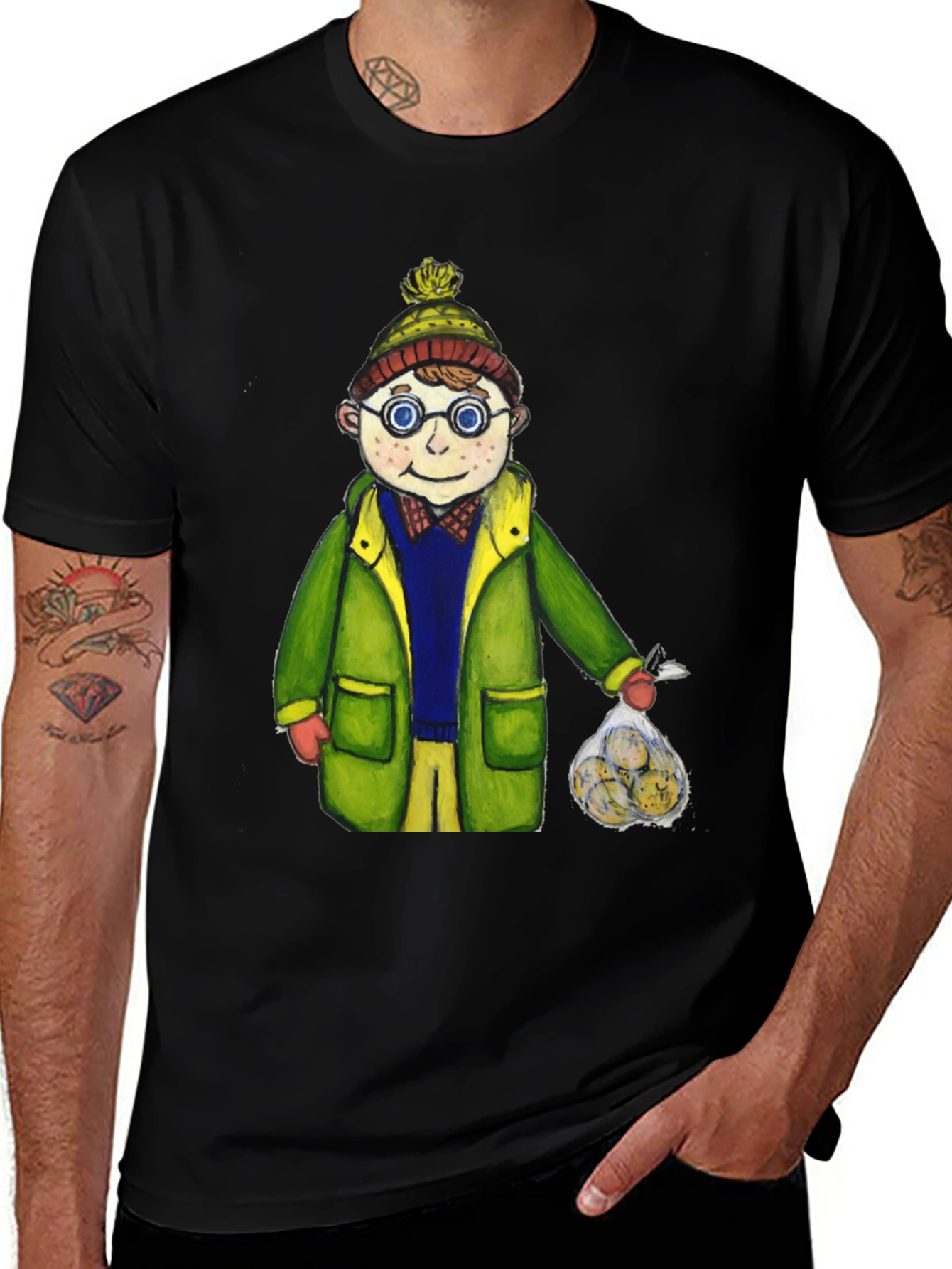 Fun Cartoon Boy in Winter Gear Black T-Shirt