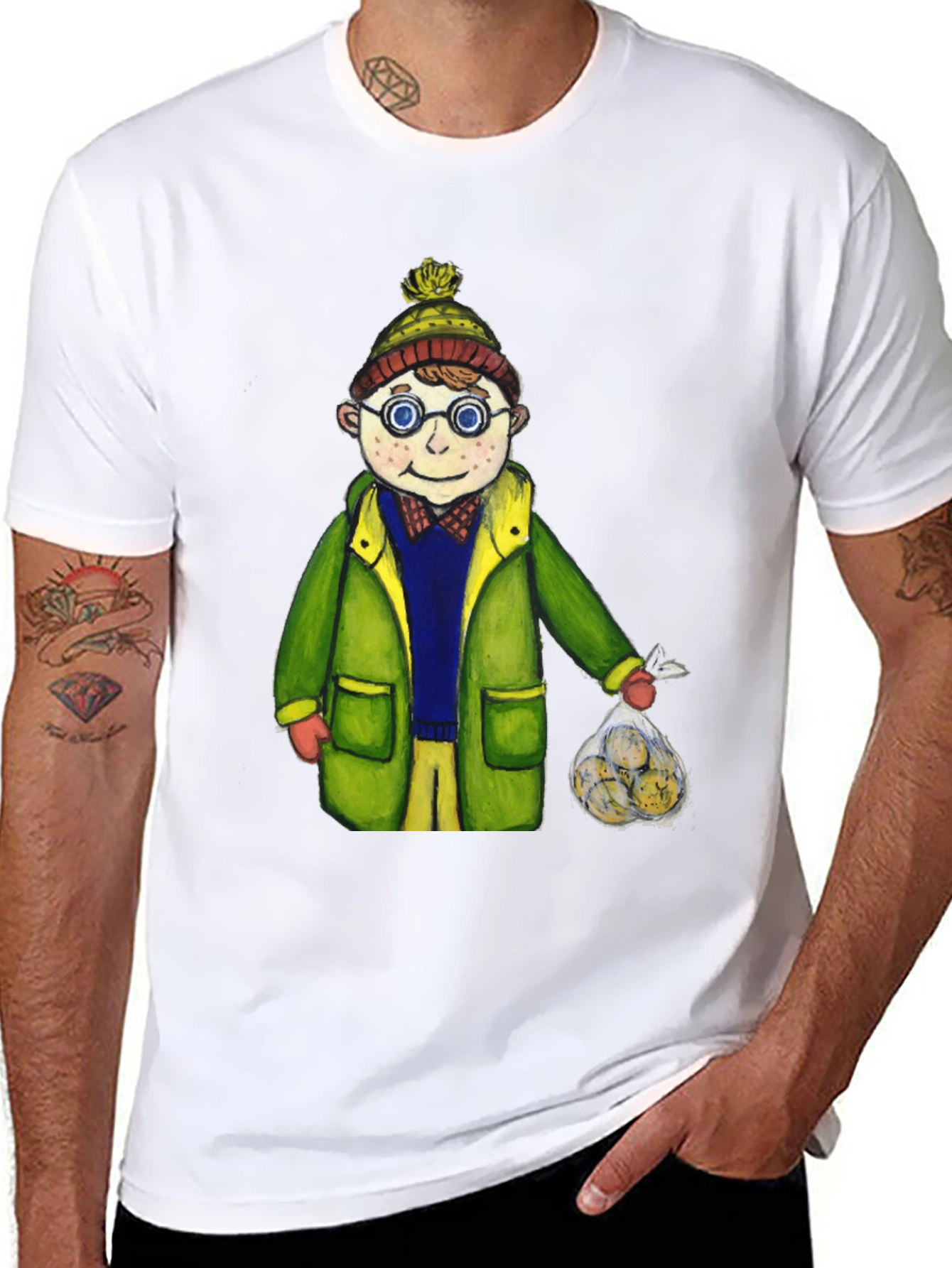Fun Cartoon Boy in Winter Gear Black T-Shirt