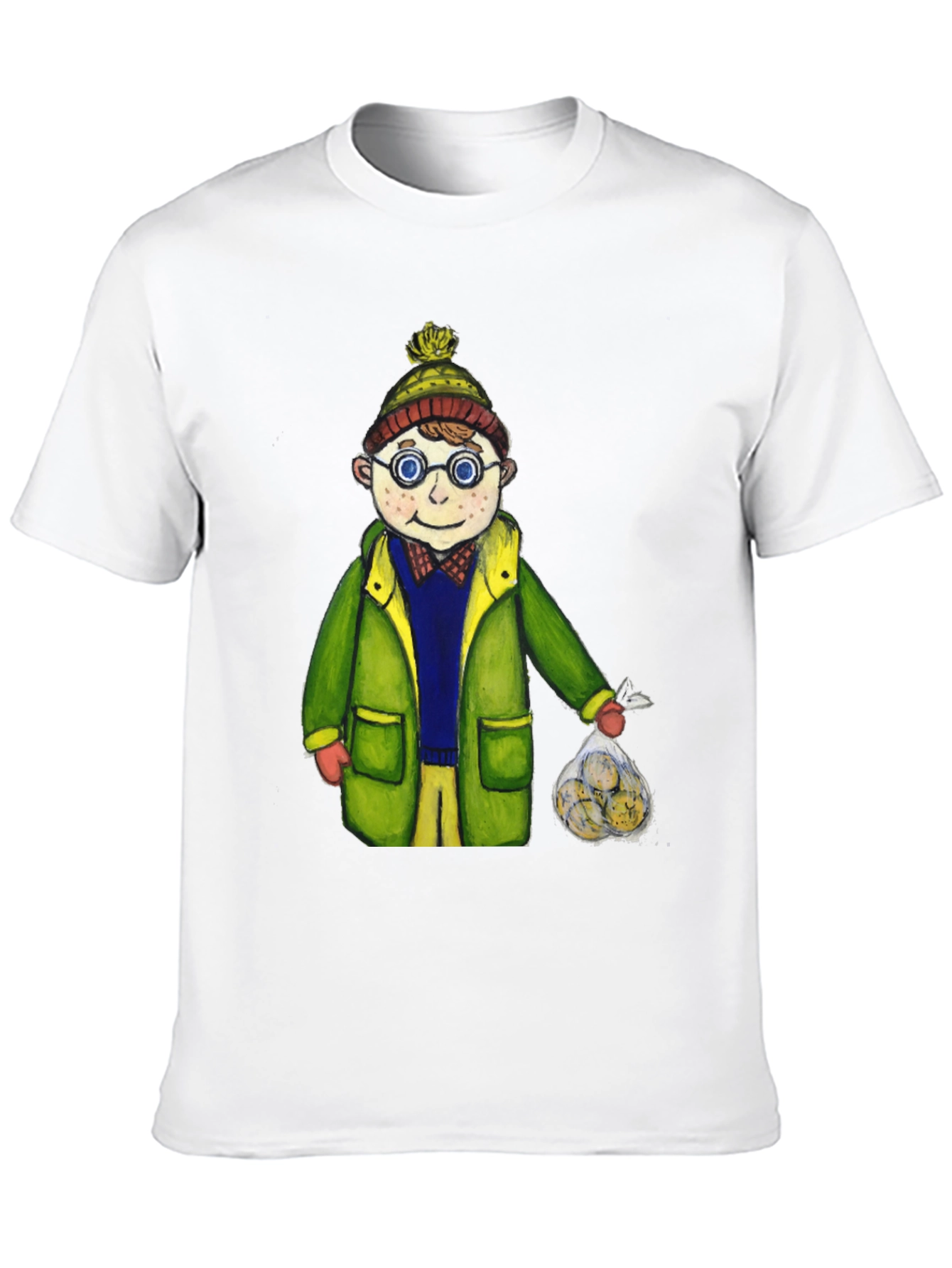 Fun Cartoon Boy in Winter Gear Black T-Shirt