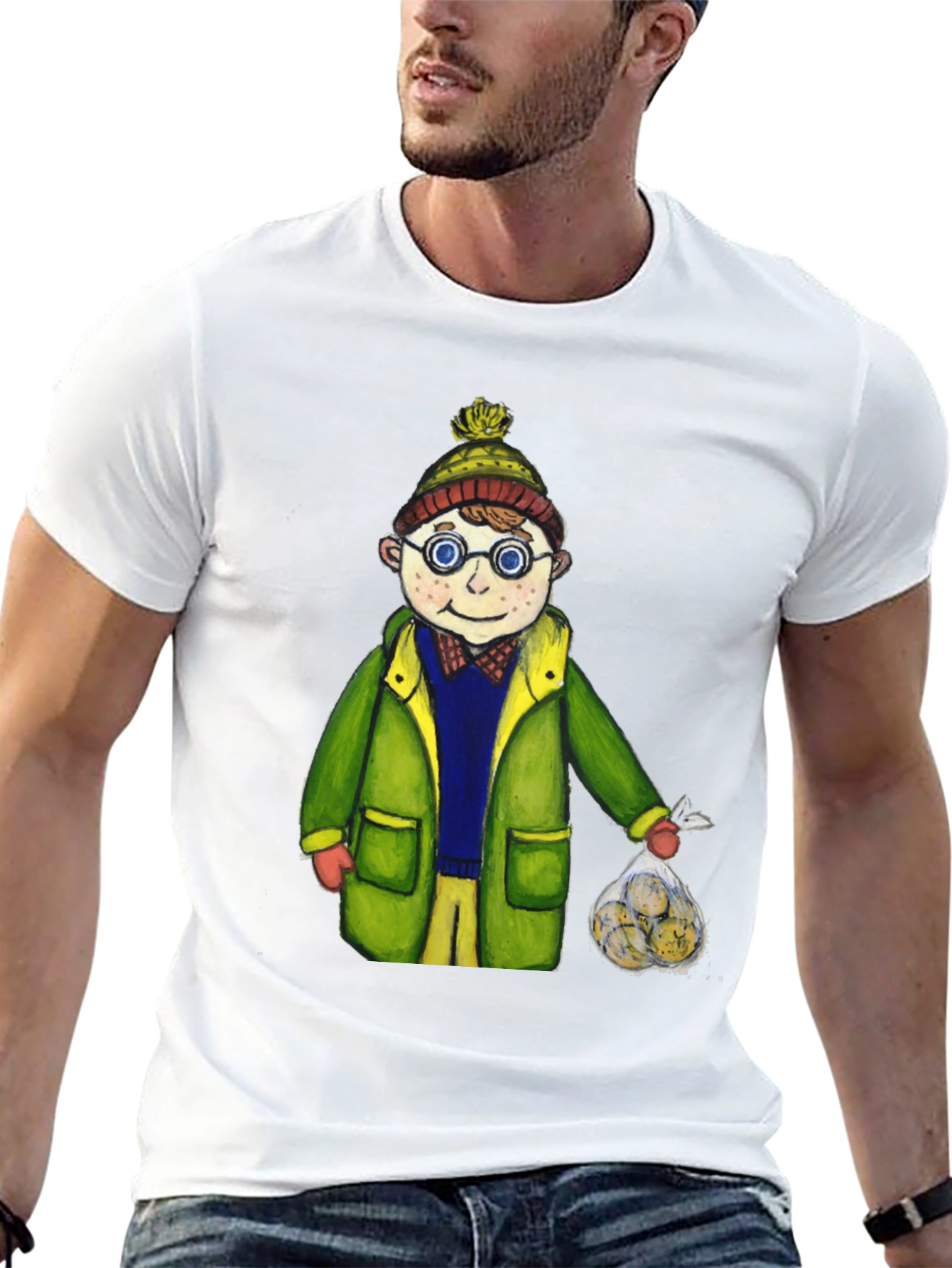 Fun Cartoon Boy in Winter Gear Black T-Shirt