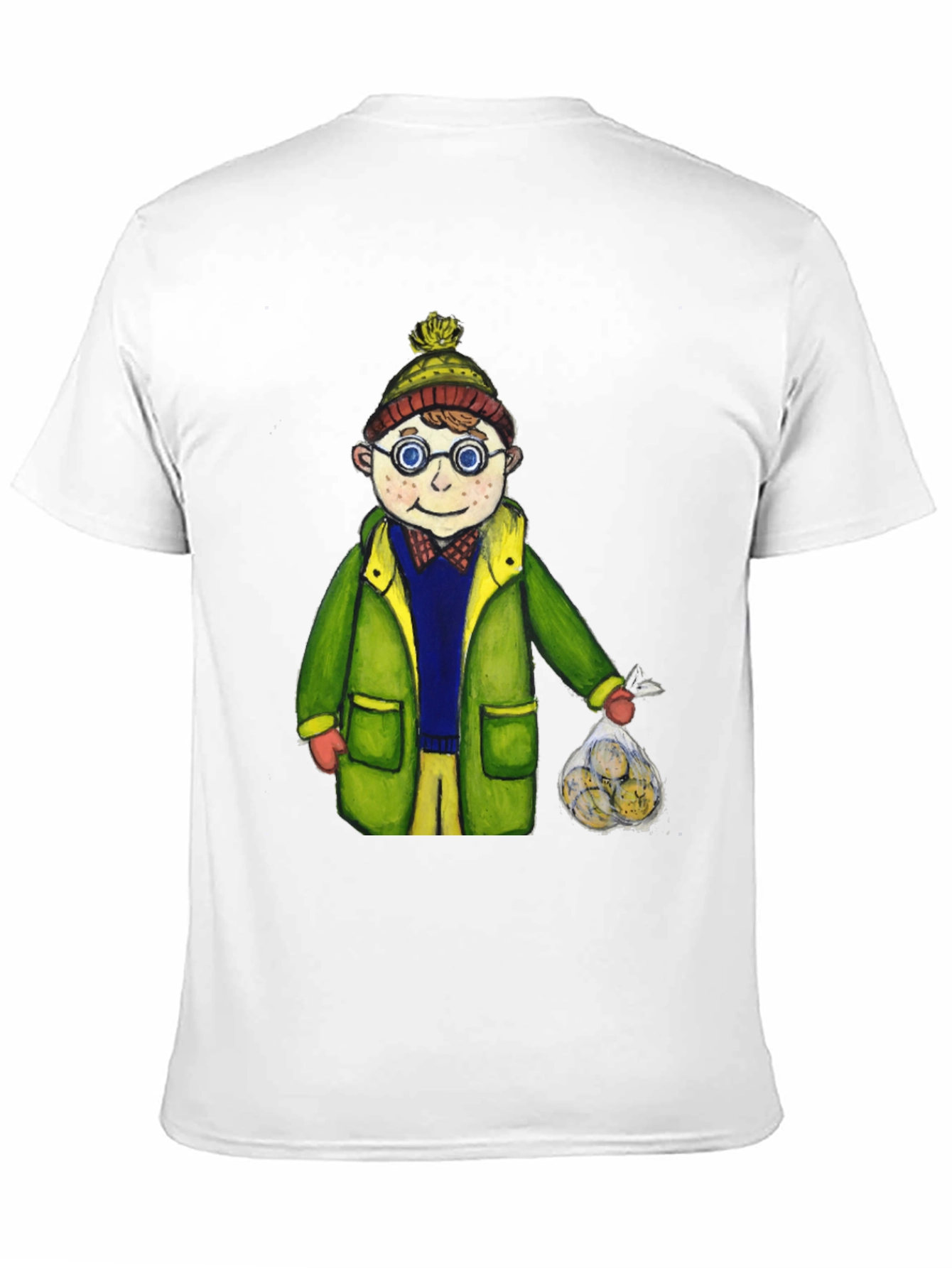 Fun Cartoon Boy in Winter Gear Black T-Shirt