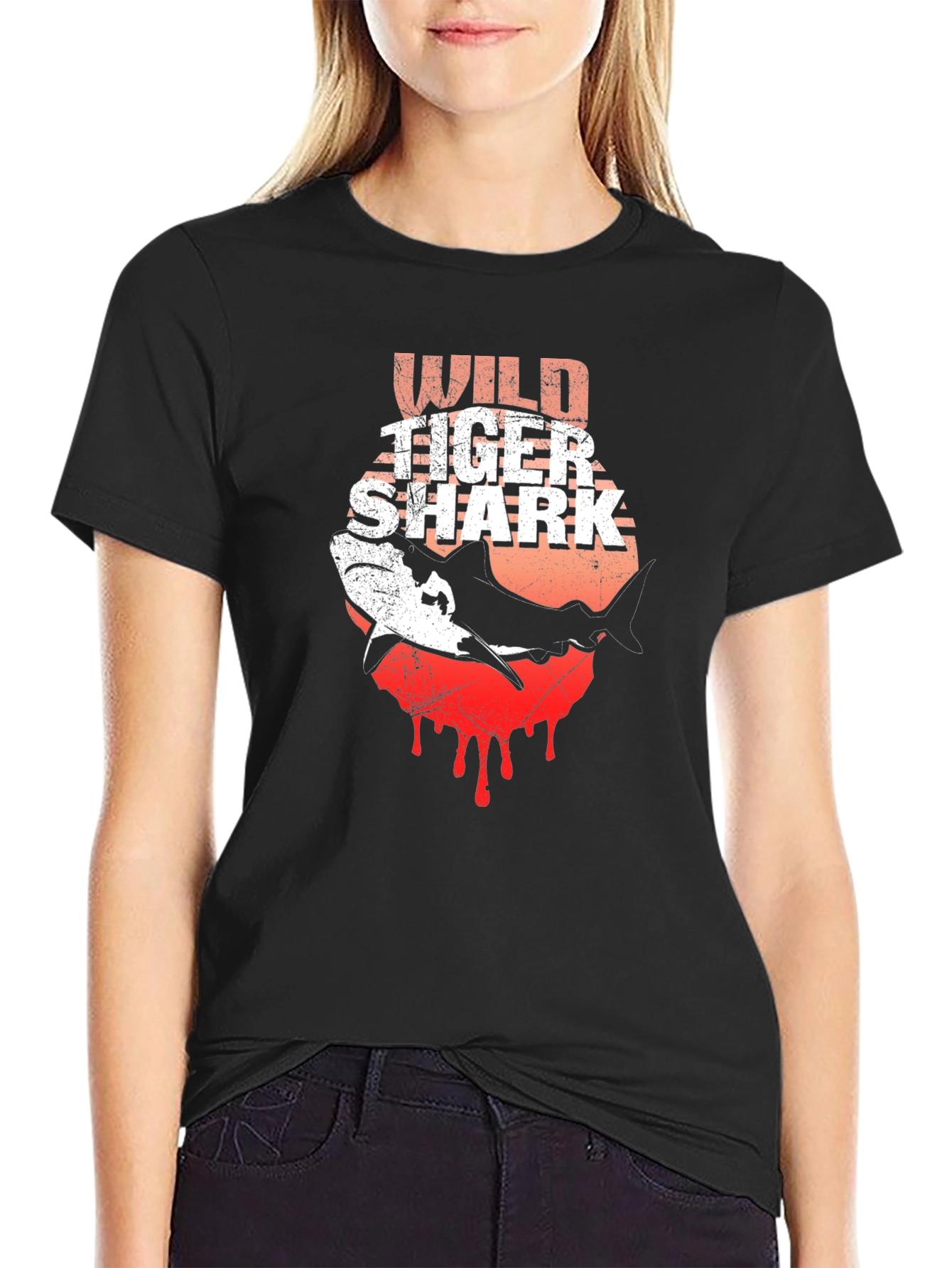 Wild Tiger Shark Graphic Tee - Black Cotton T-Shirt