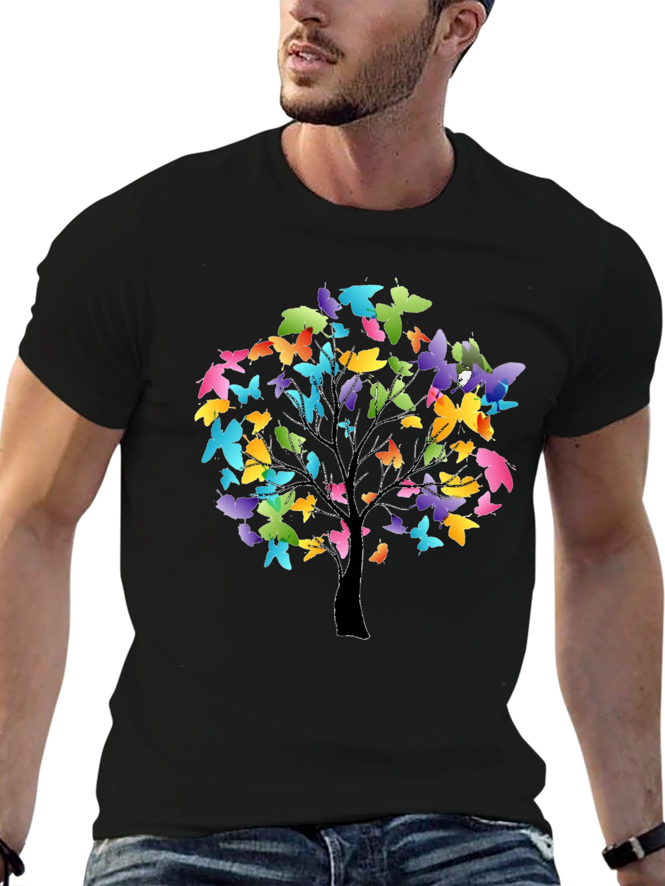 Butterfly Tree Graphic Tee - Stylish Black T-Shirt
