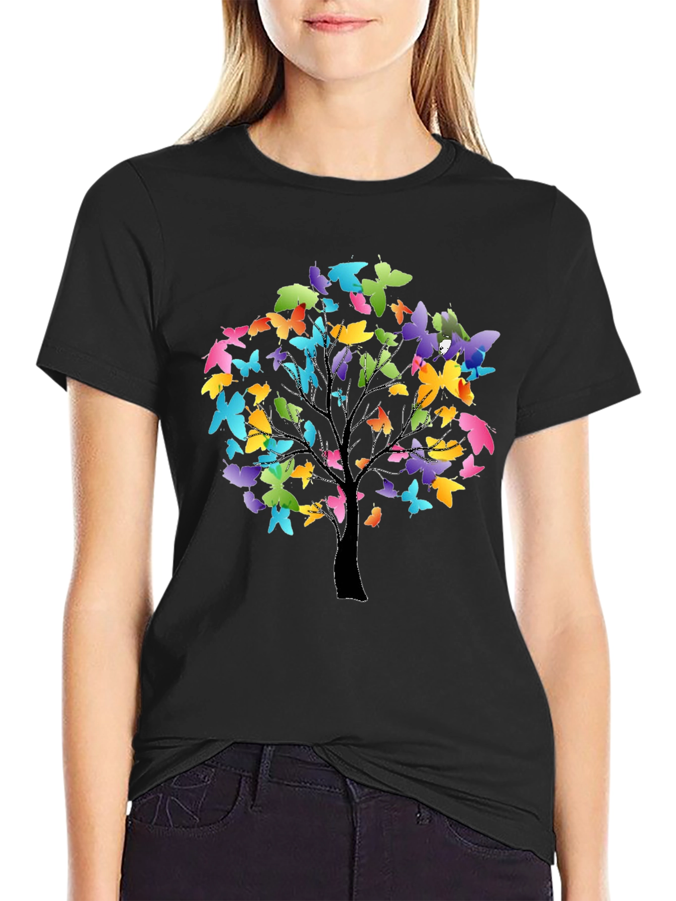 Butterfly Tree Graphic Tee - Stylish Black T-Shirt