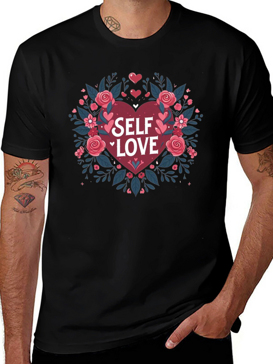 Self Love Heart Floral Graphic Black Tee