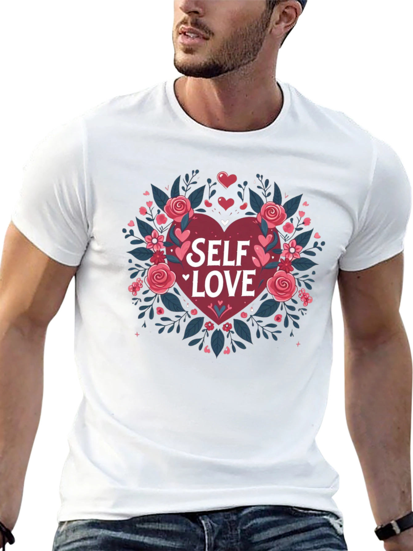Self Love Heart Floral Graphic Black Tee