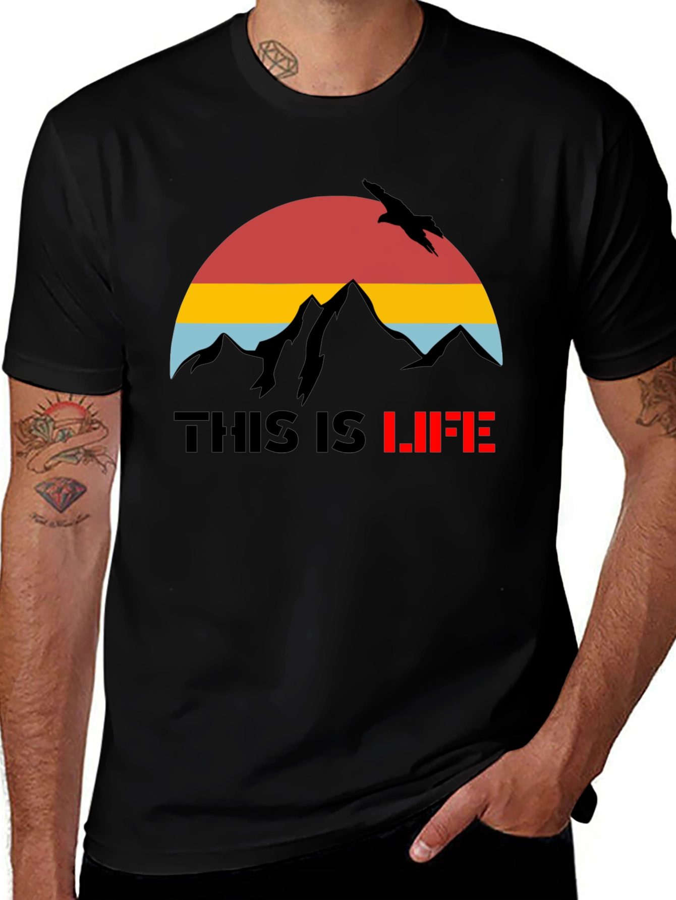 This is Life Black Graphic T-Shirt Mountain Bird