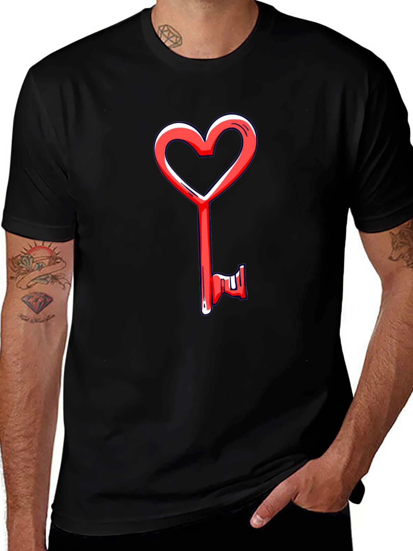 Heart Key Graphic Tee - Black Cotton Casual