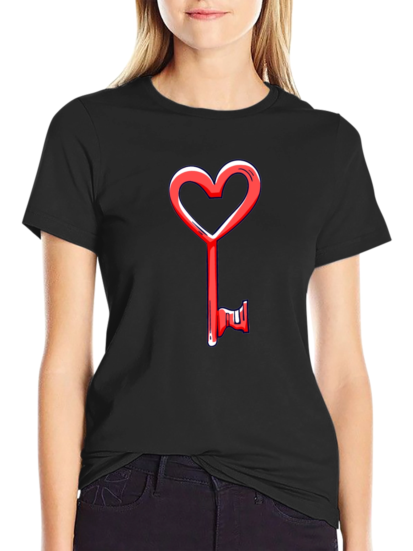 Heart Key Graphic Tee - Black Cotton Casual