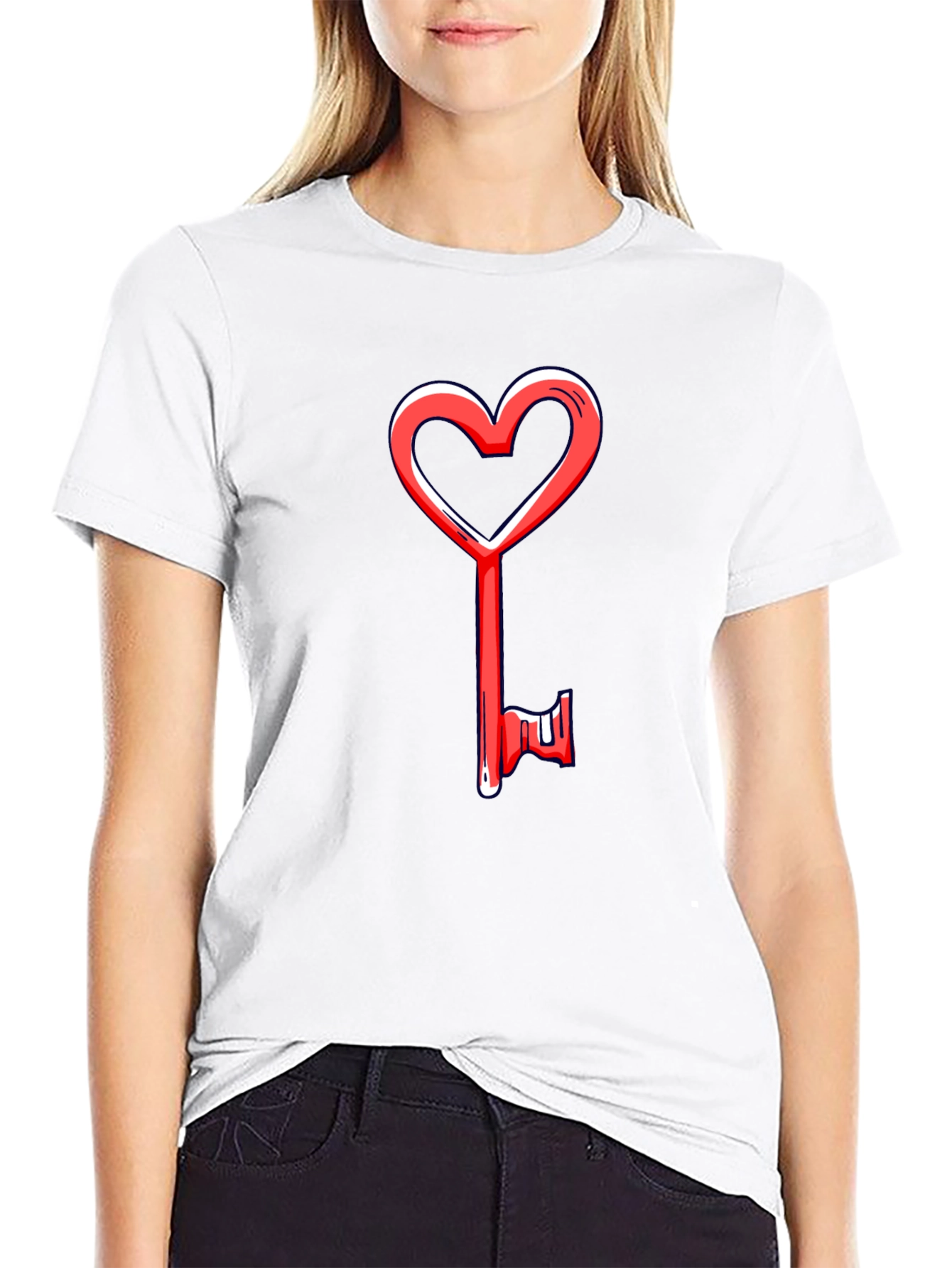 Heart Key Graphic Tee - Black Cotton Casual