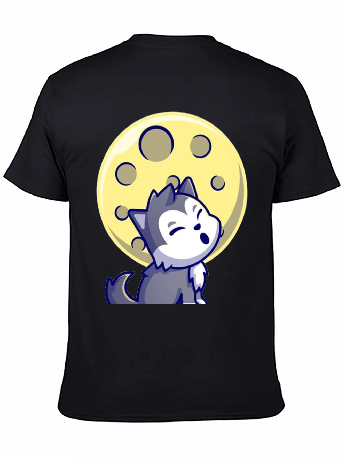 Cartoon Wolf Moon Graphic Tee - Black T-Shirt
