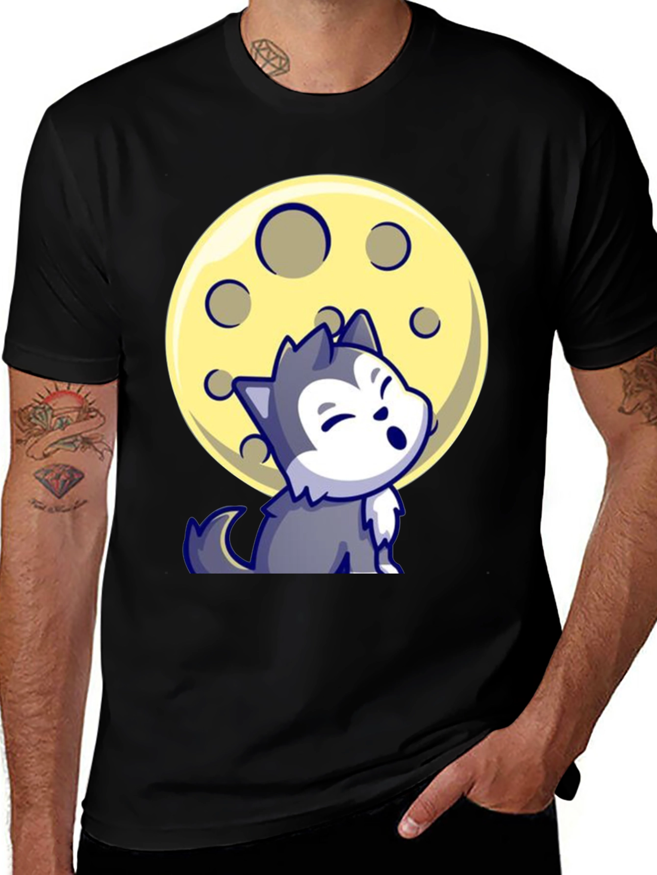 Cartoon Wolf Moon Graphic Tee - Black T-Shirt