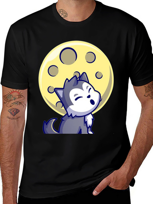 Cartoon Wolf Moon Graphic Tee - Black T-Shirt