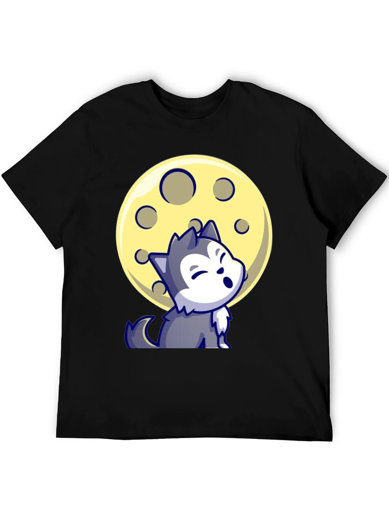 Cartoon Wolf Moon Graphic Tee - Black T-Shirt