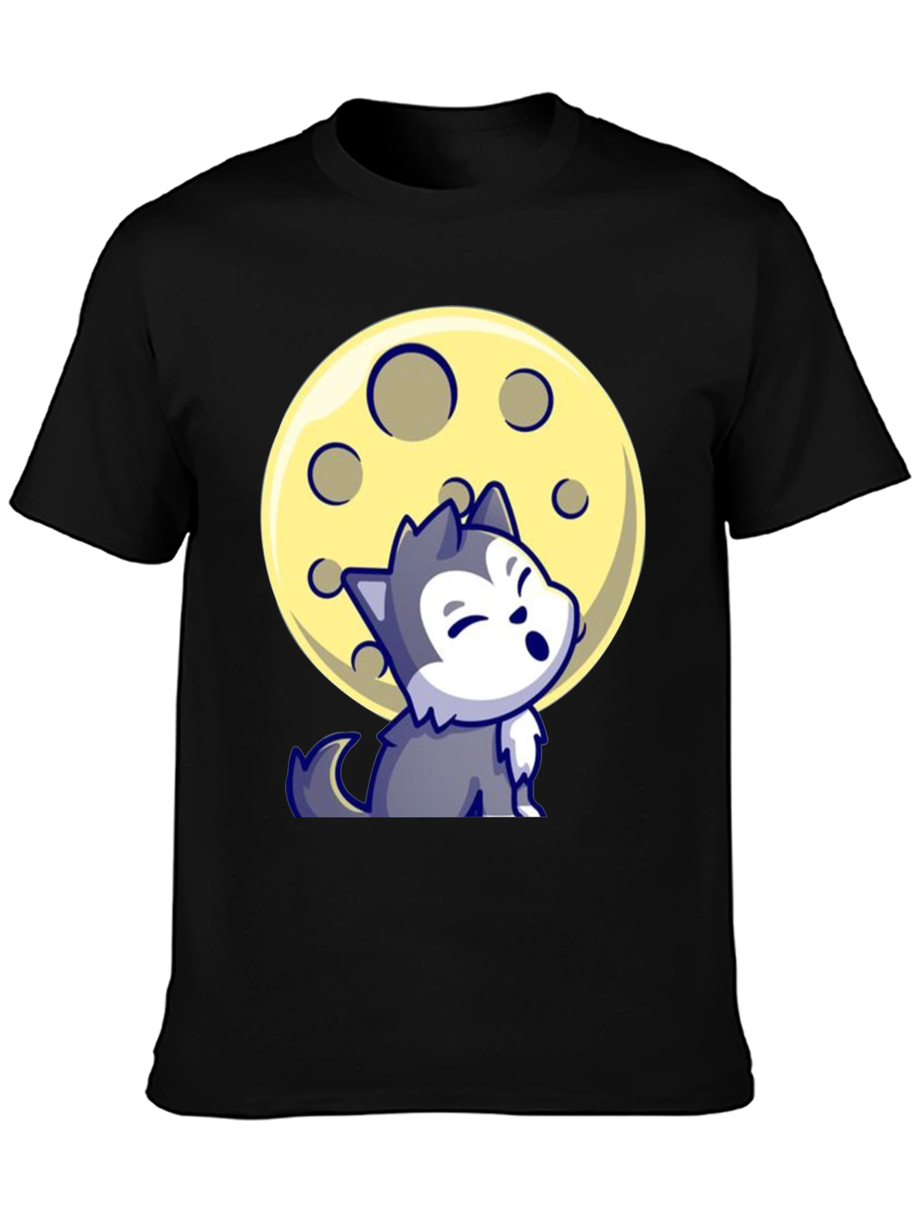 Cartoon Wolf Moon Graphic Tee - Black T-Shirt