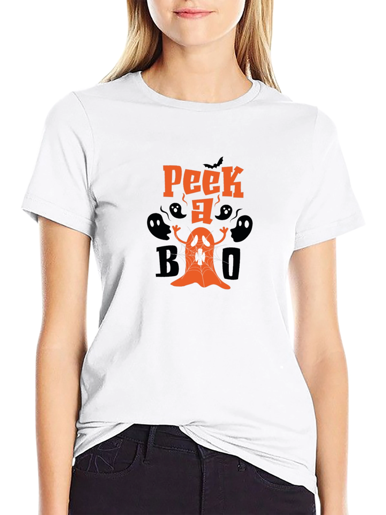 Spooky Peek-a-Boo Ghost Graphic Tee - Halloween Fun!