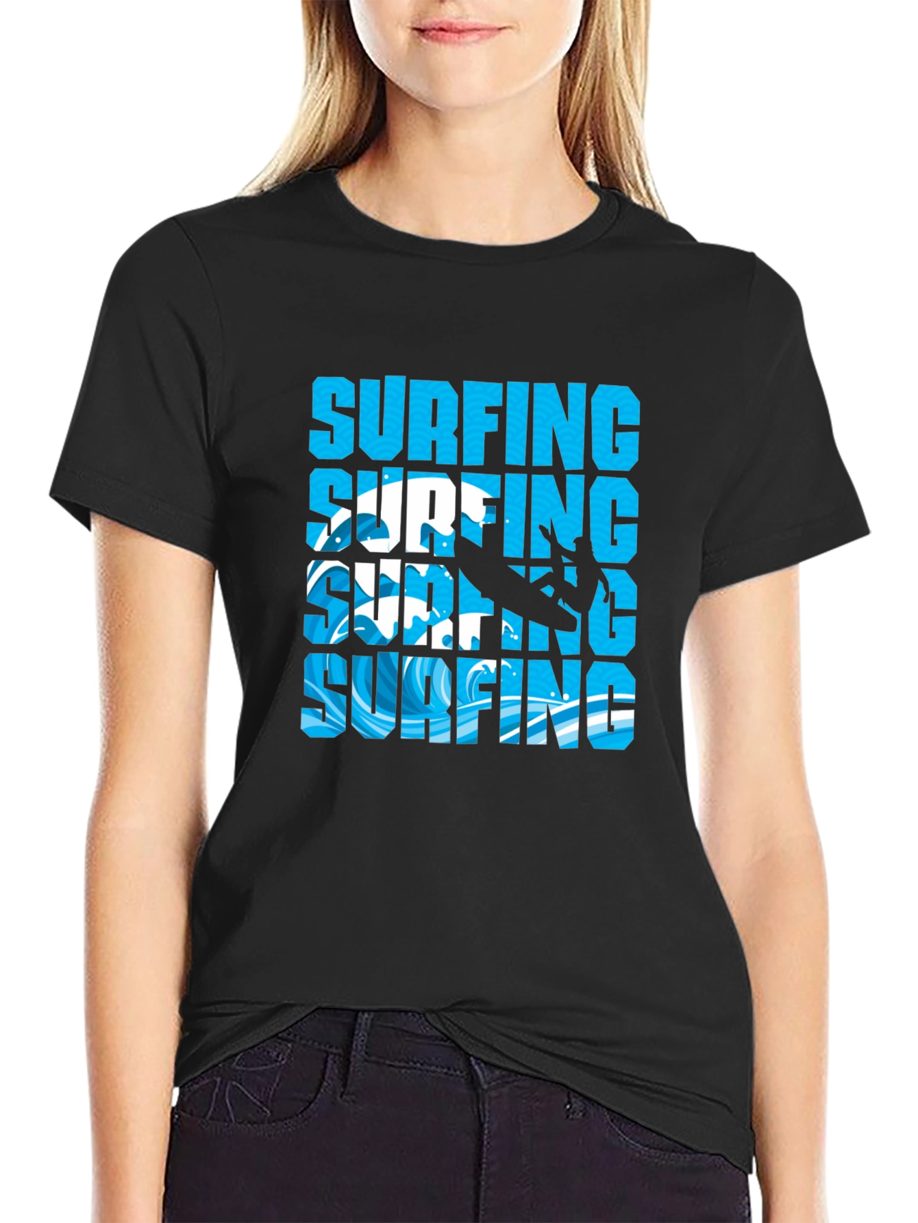Surfing Graphic Tee - Black Cotton T-Shirt