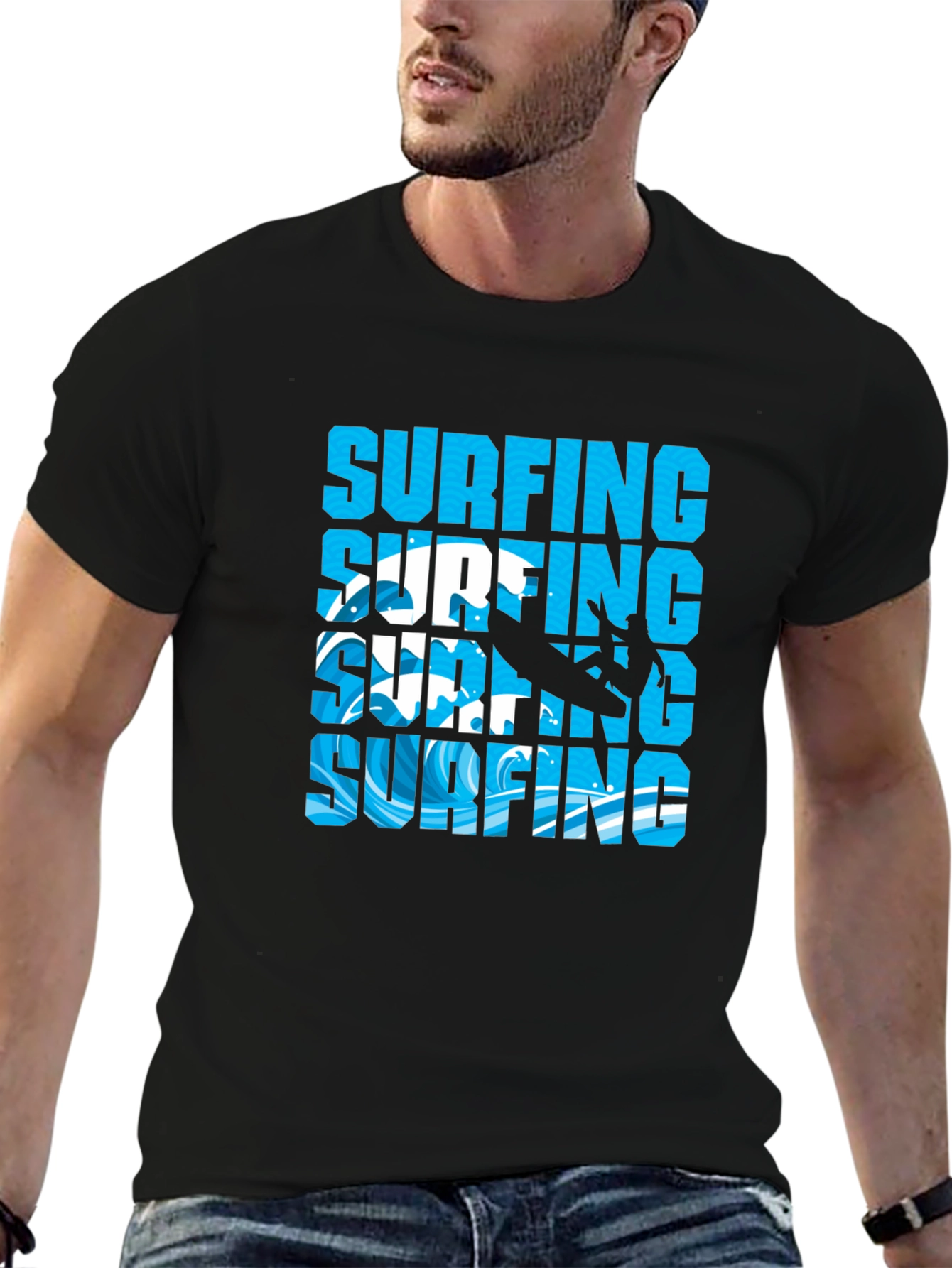 Surfing Graphic Tee - Black Cotton T-Shirt