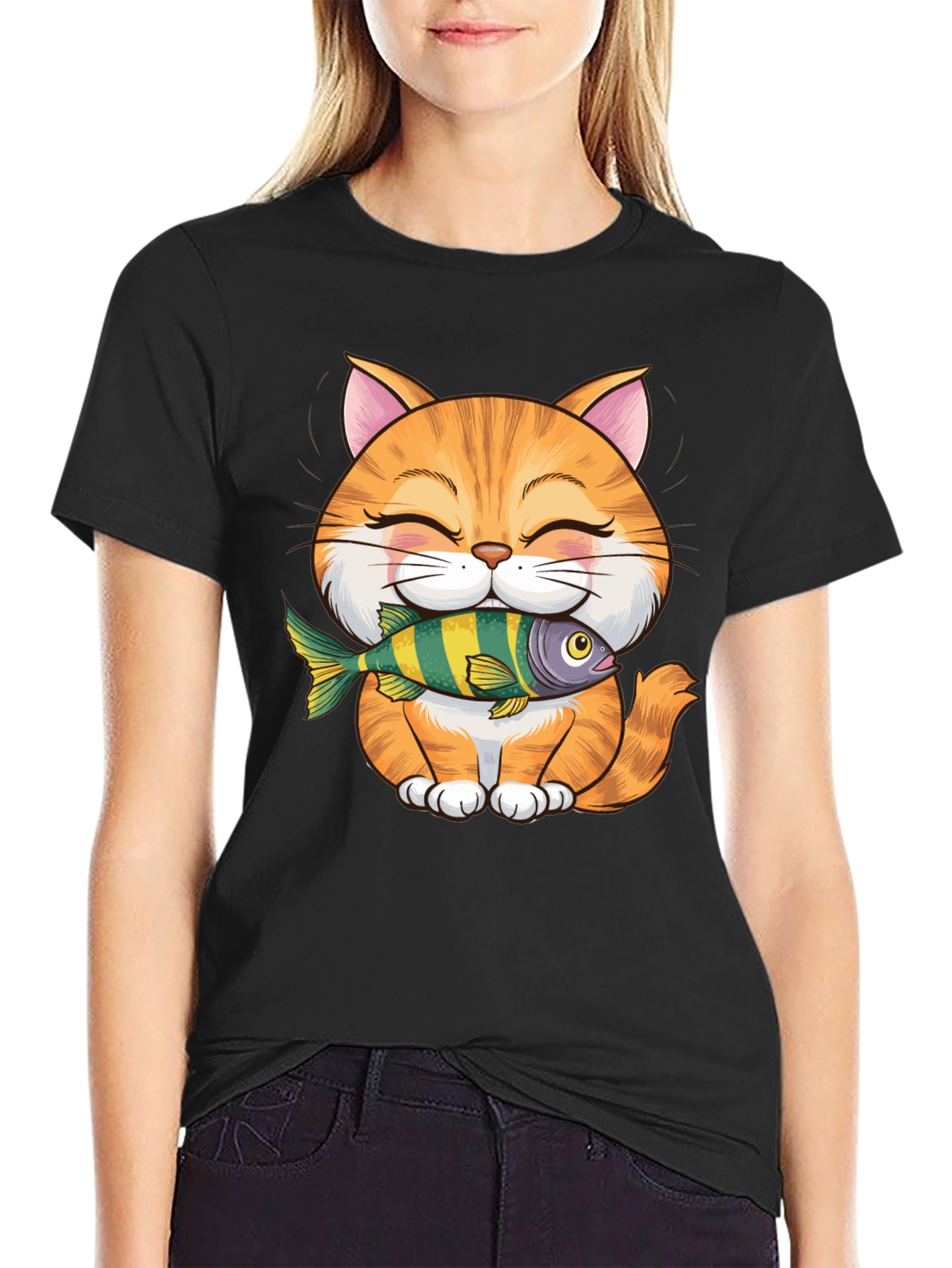 Cute Cat with Fish Graphic T-Shirt
