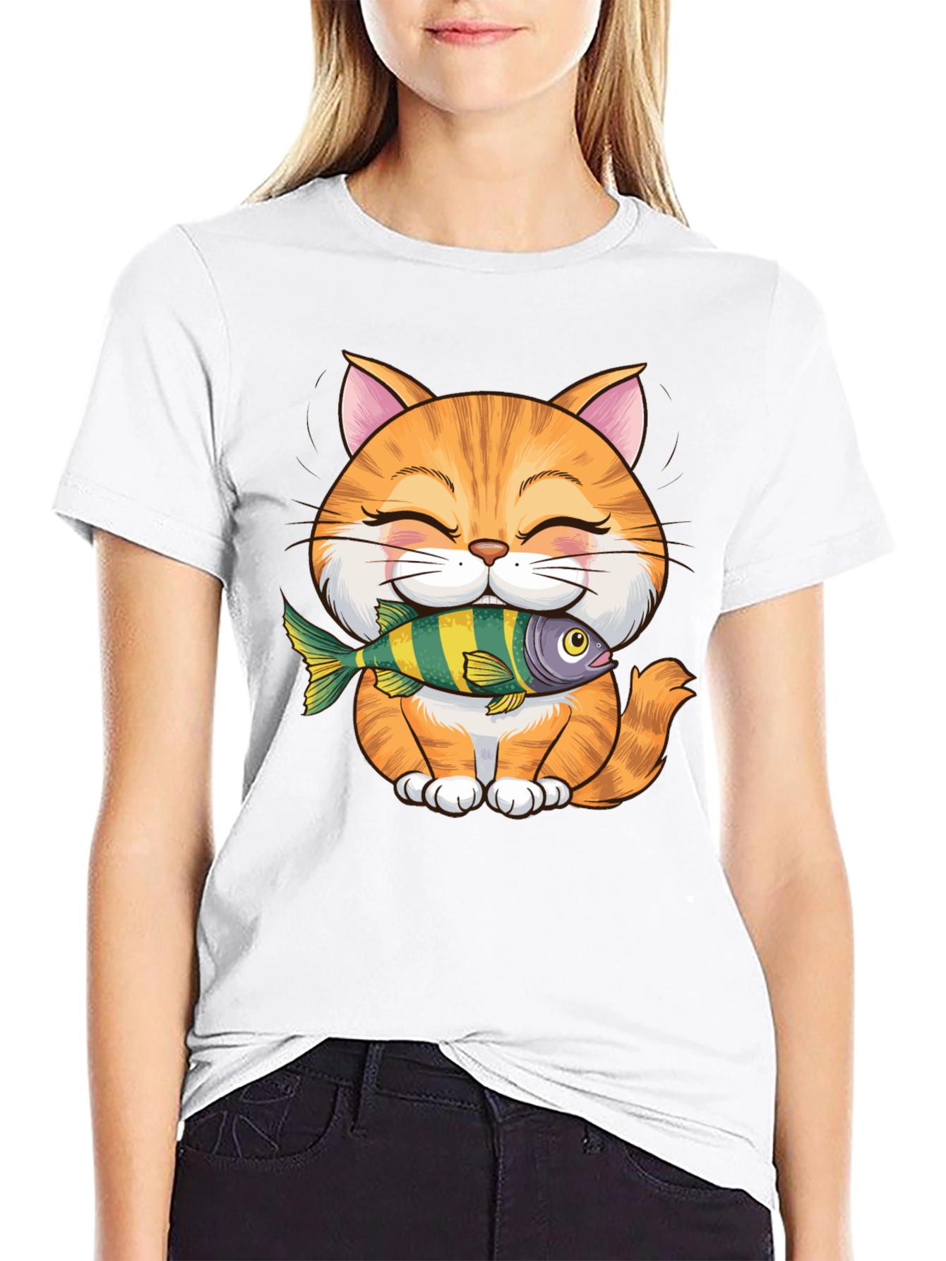 Cute Cat with Fish Graphic T-Shirt