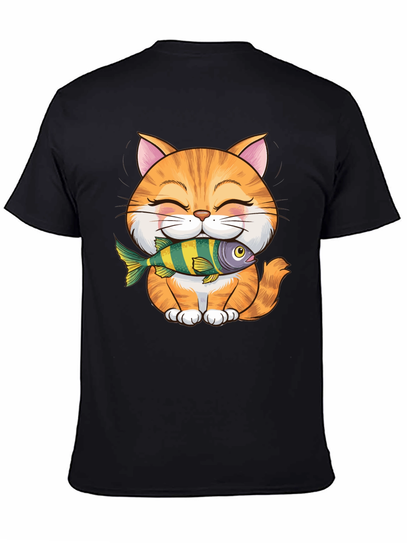 Cute Cat with Fish Graphic T-Shirt