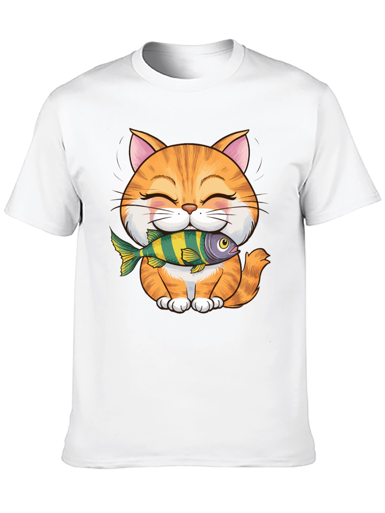 Cute Cat with Fish Graphic T-Shirt