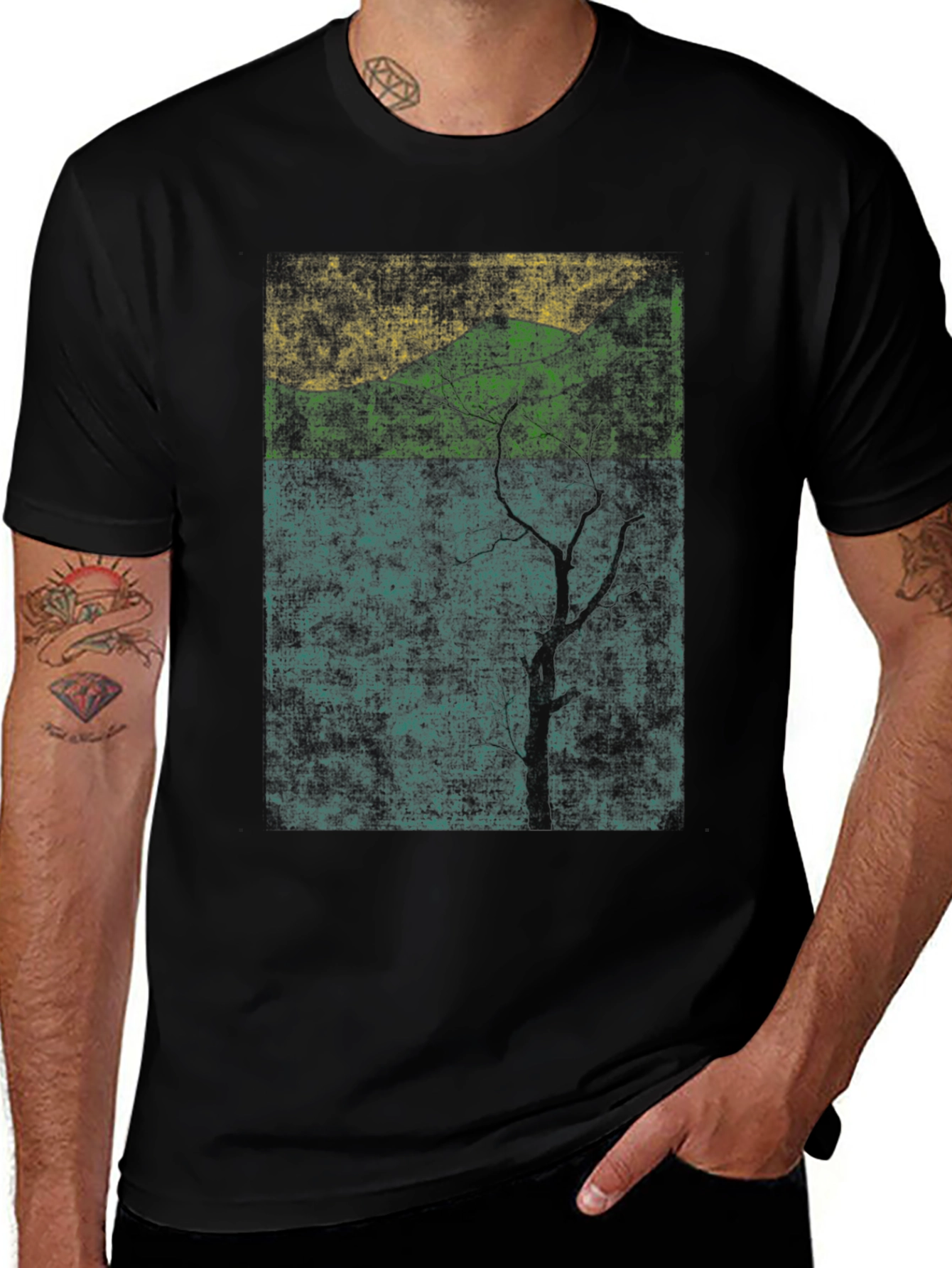 Nature-Inspired Graphic Tee - Textured Print Black Shirt