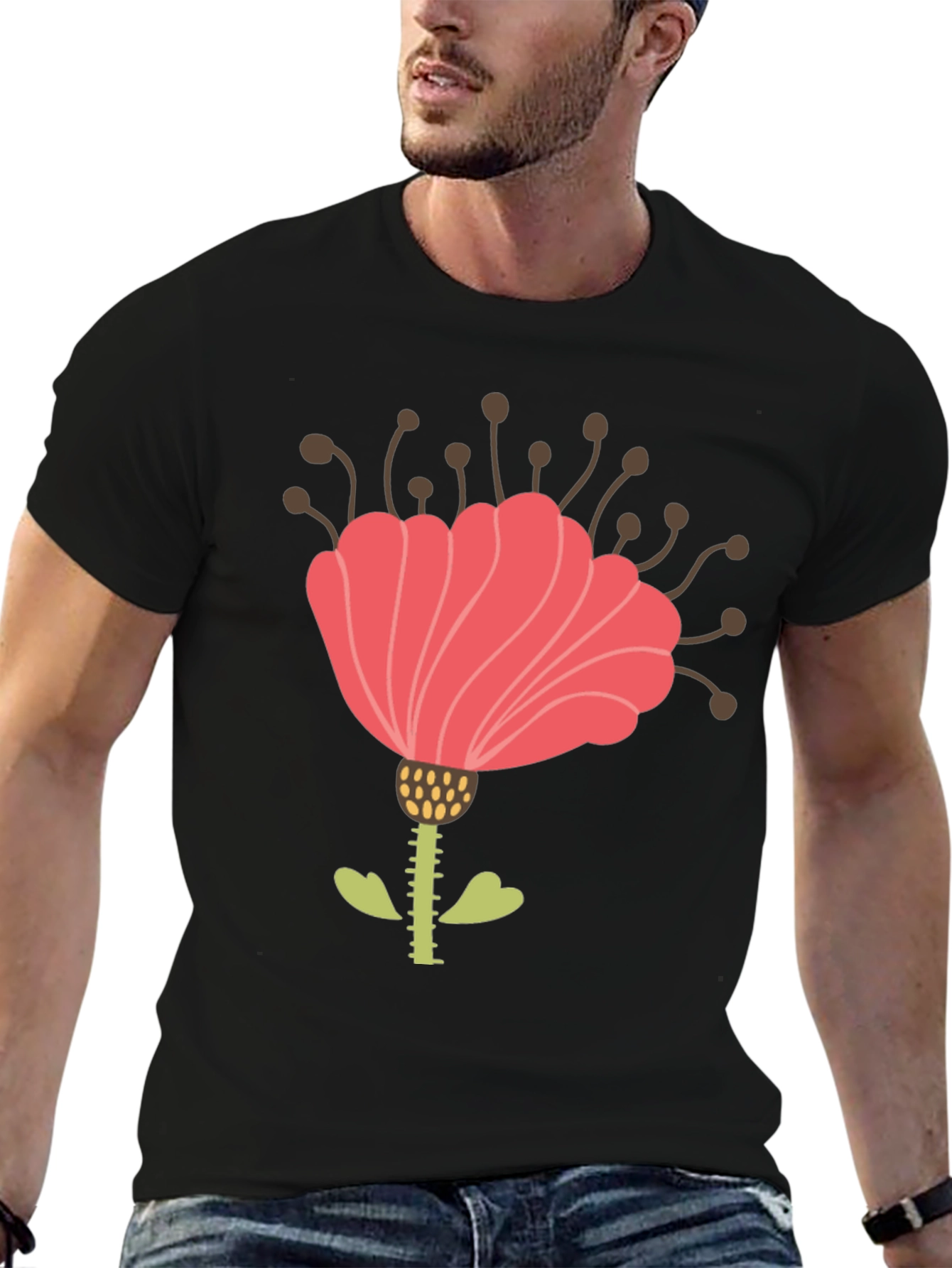 Floral Graphic Print Mens Black T-Shirt