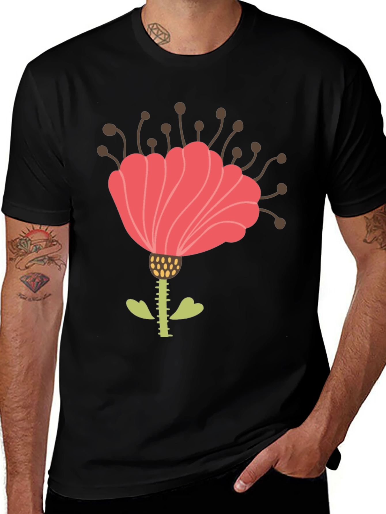 Floral Graphic Print Mens Black T-Shirt