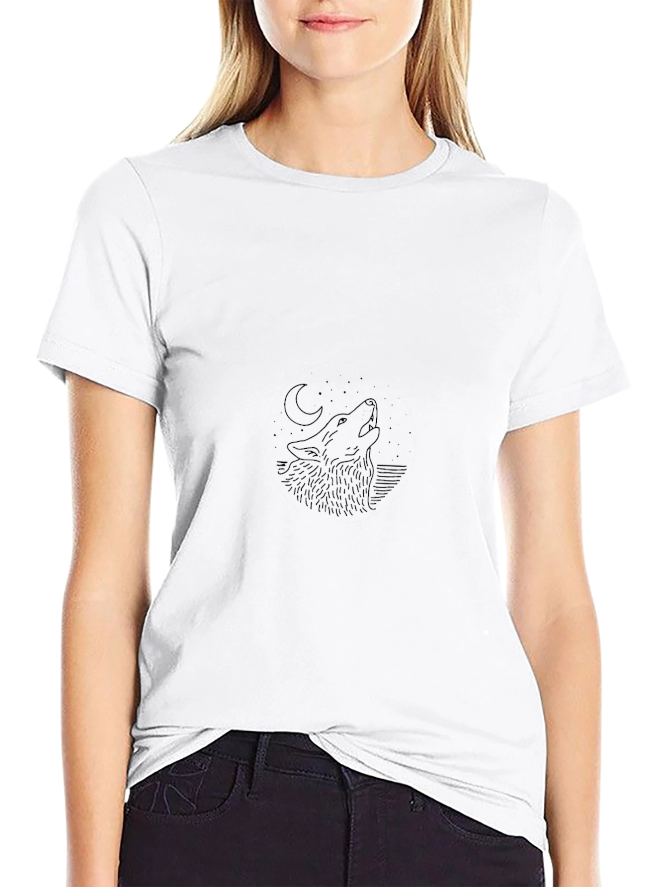 Wolf Howling at Moon Graphic Black T-Shirt