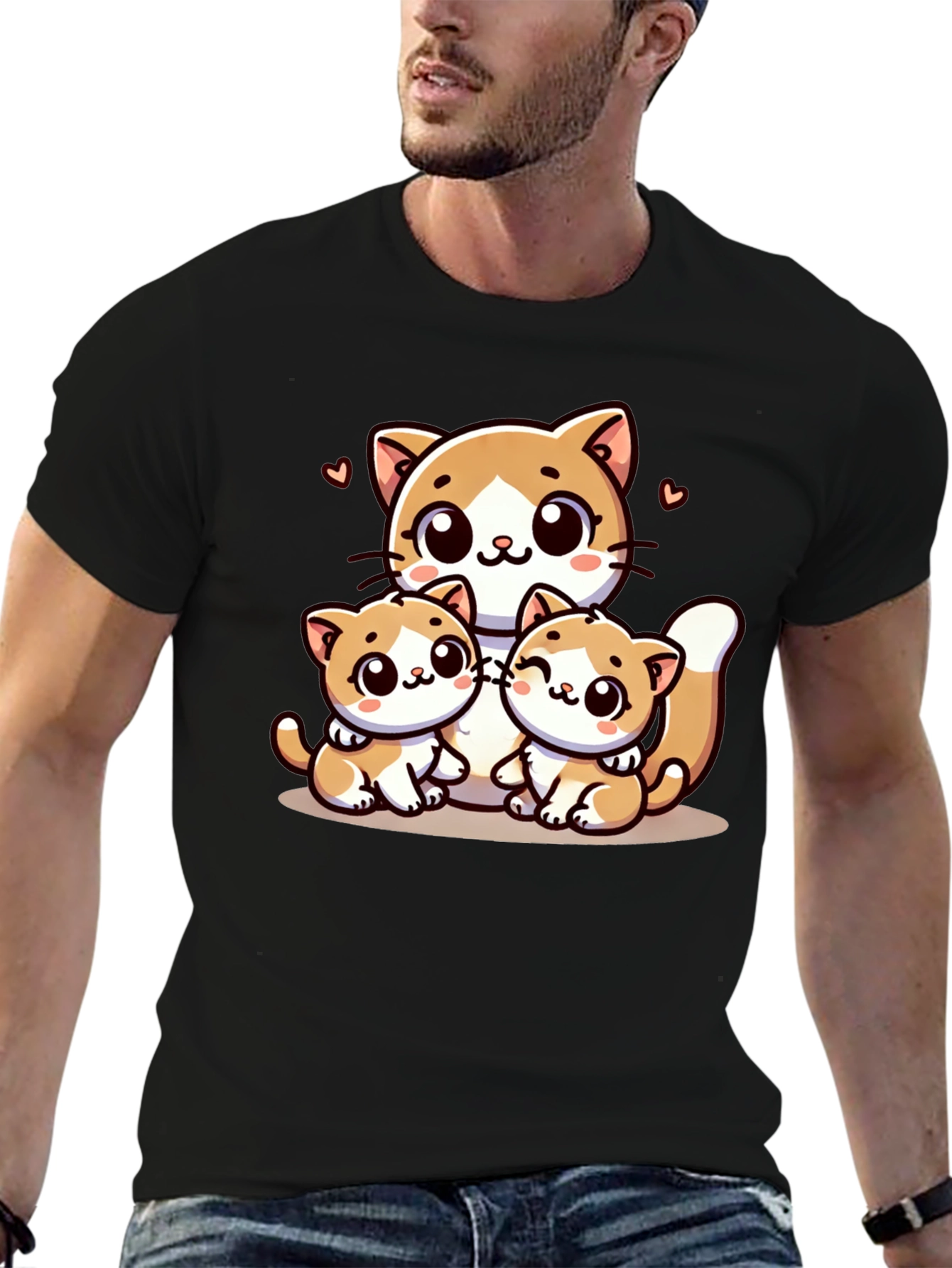 Cute Cat Family Graphic Black T-Shirt