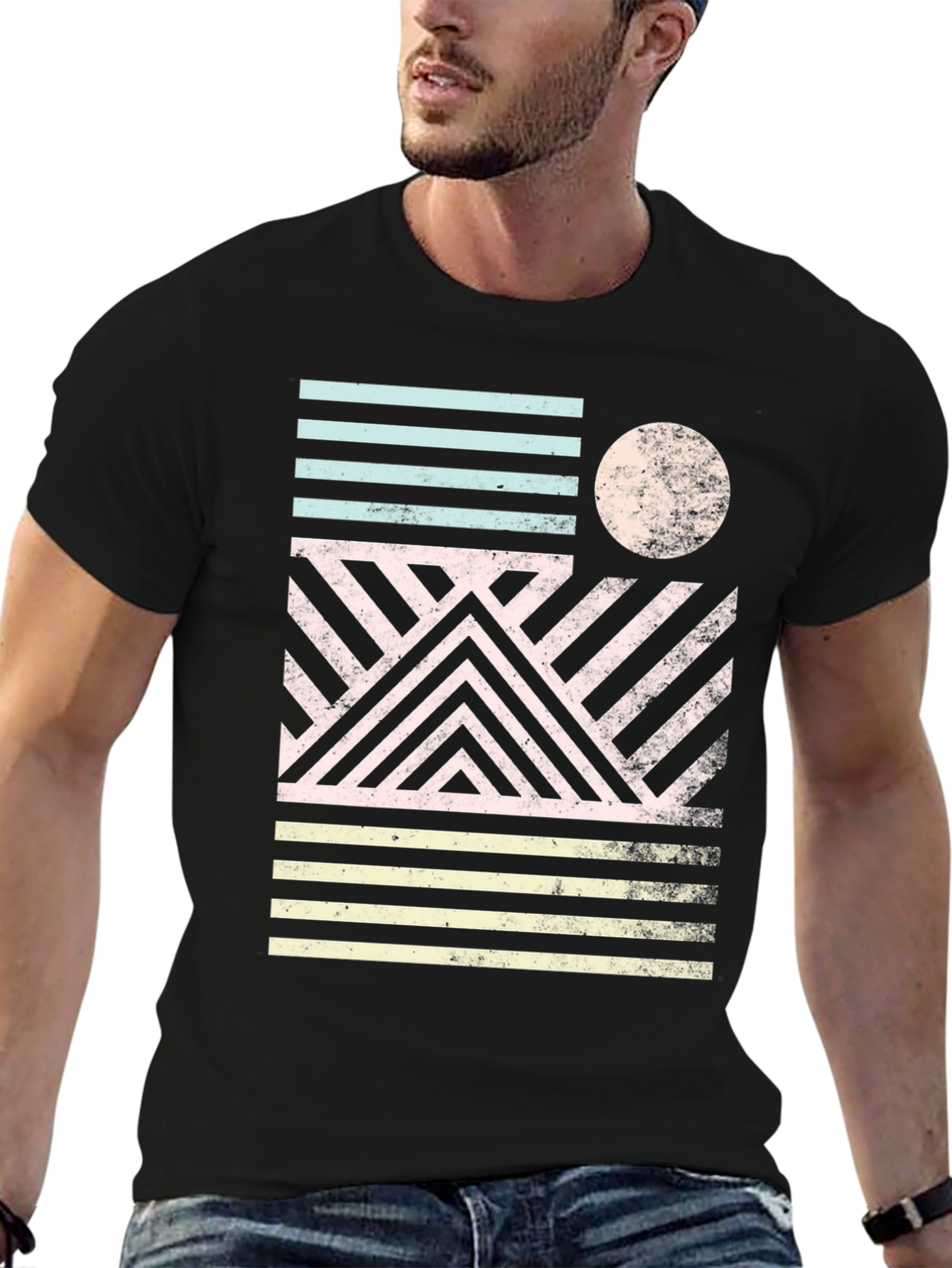 Retro Geometric Graphic Print Black T-Shirt