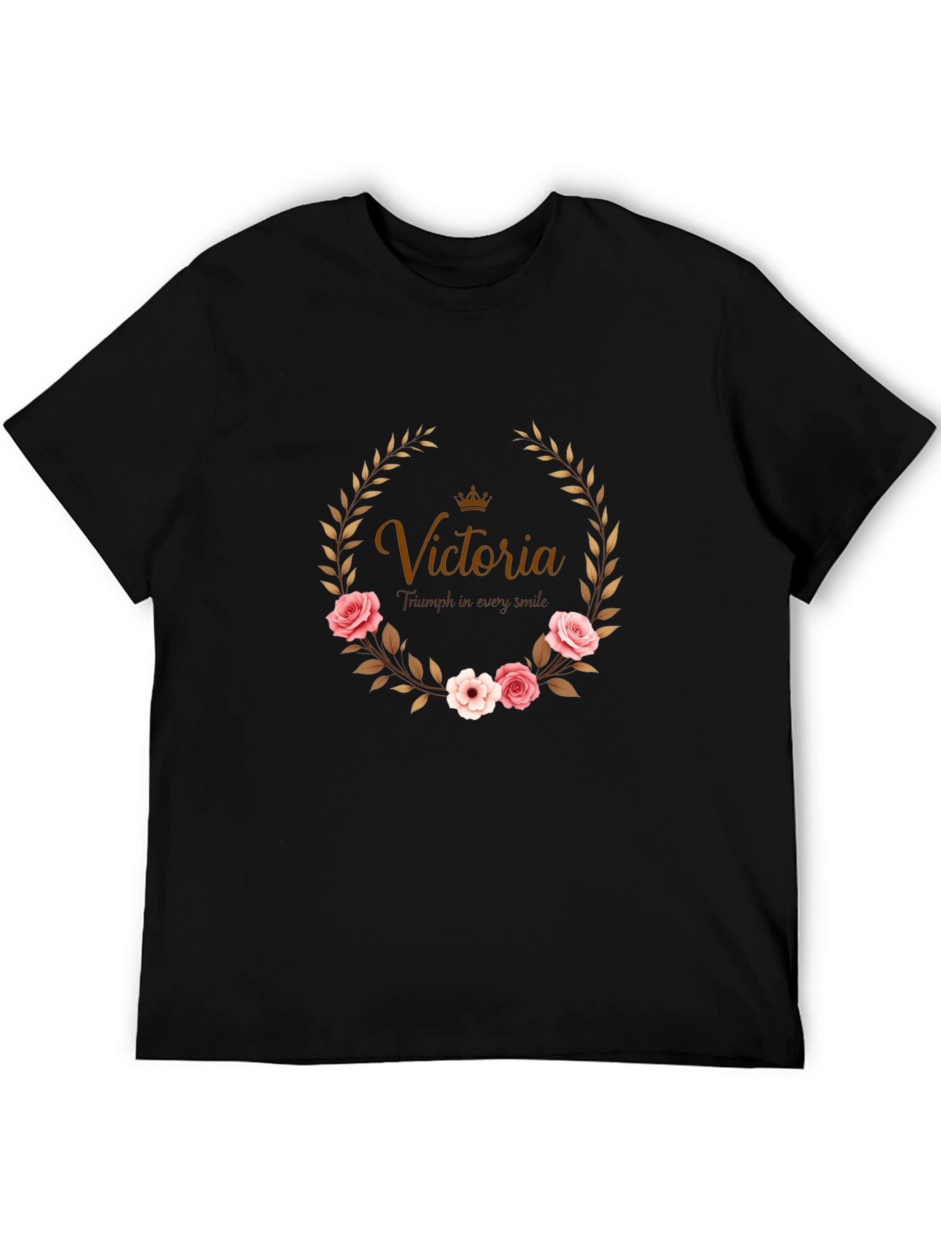 Floral Wreath Custom Name Black T-shirt