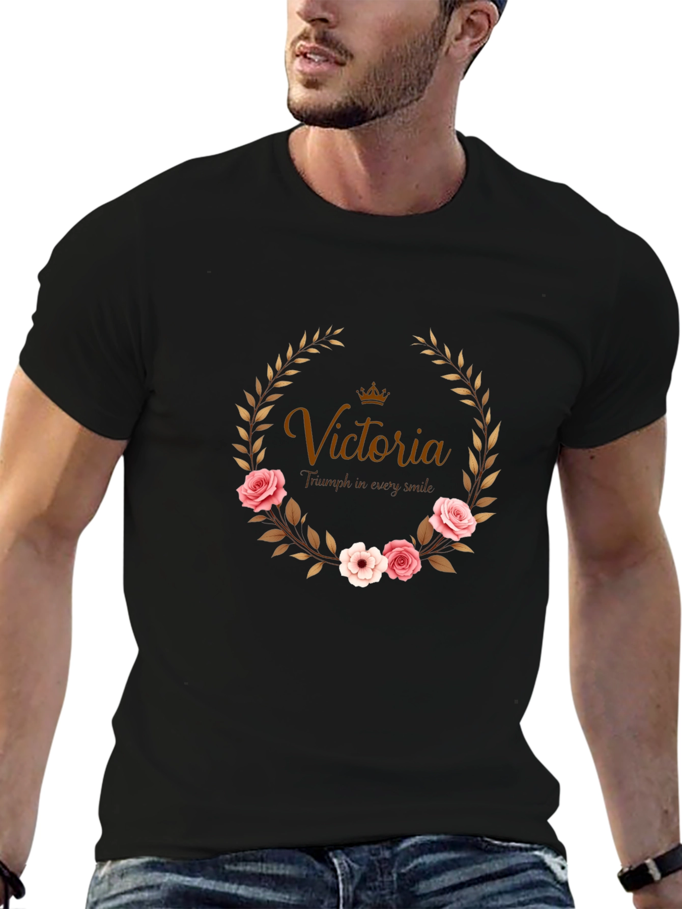 Floral Wreath Custom Name Black T-shirt