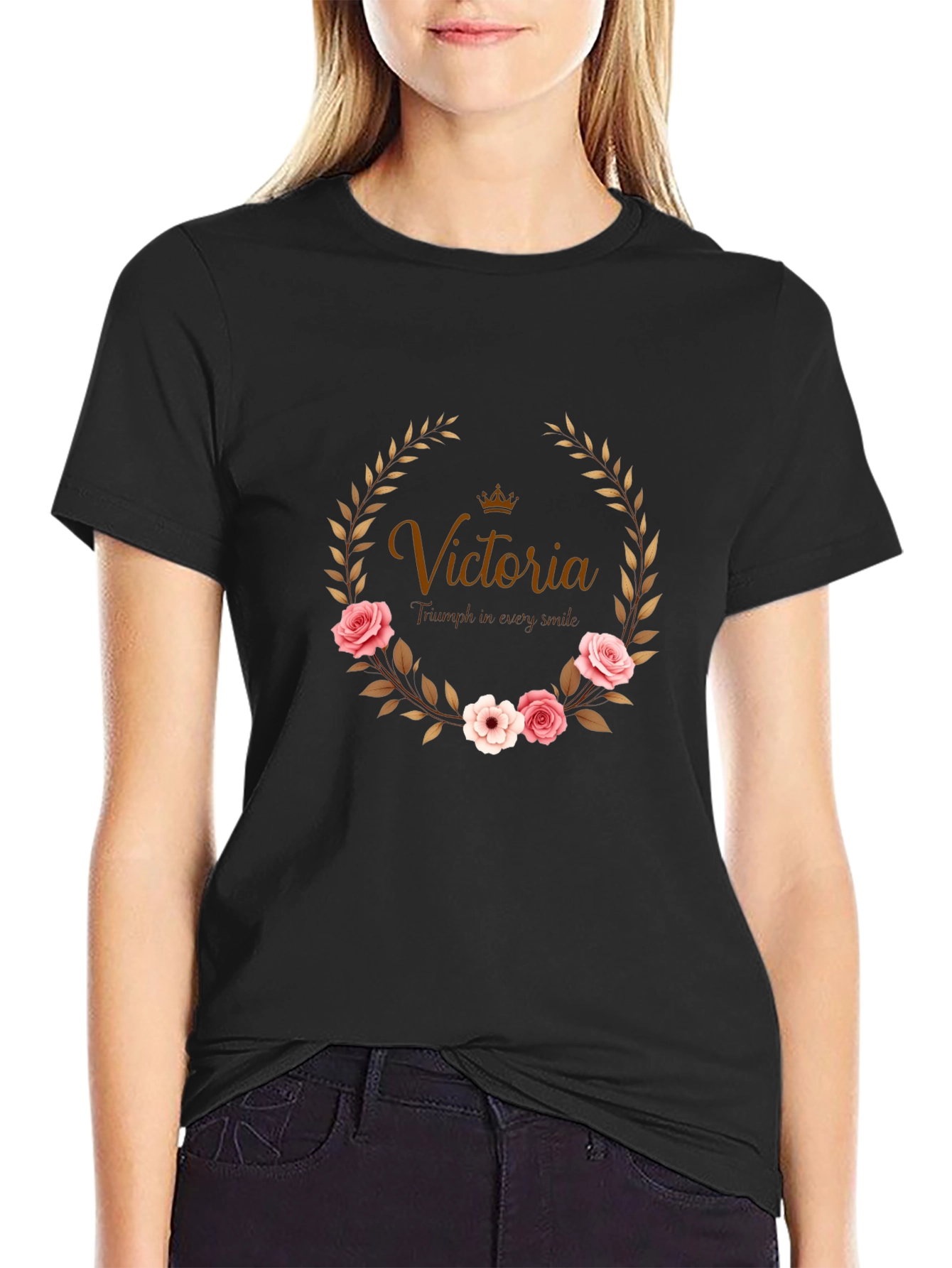 Floral Wreath Custom Name Black T-shirt