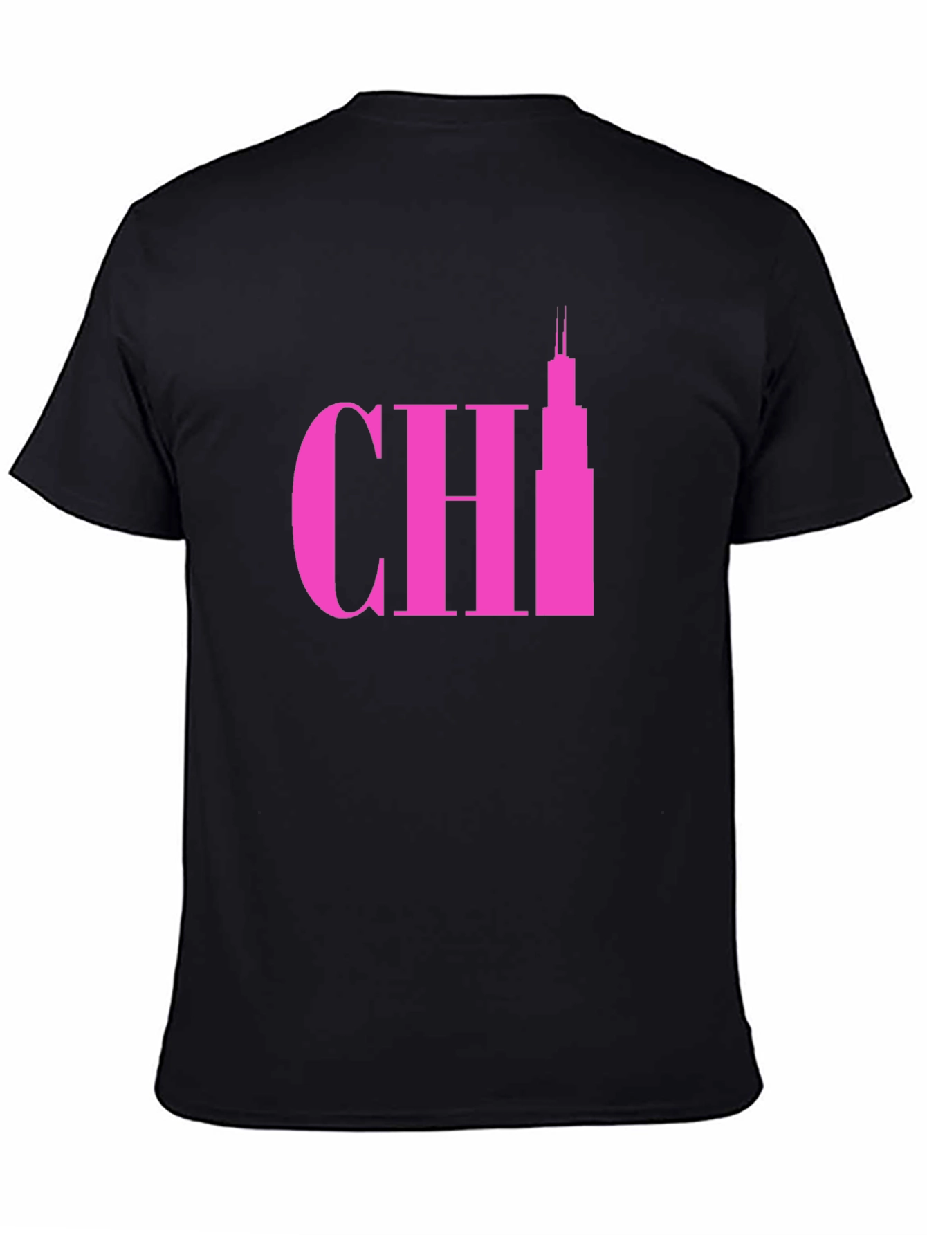 Pink Chicago Skyline Graphic Tee - Black Cotton T-Shirt