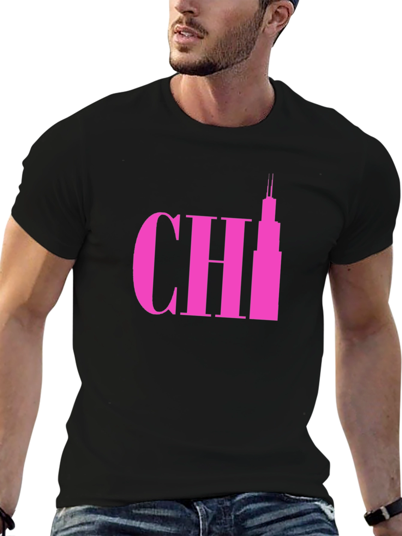 Pink Chicago Skyline Graphic Tee - Black Cotton T-Shirt